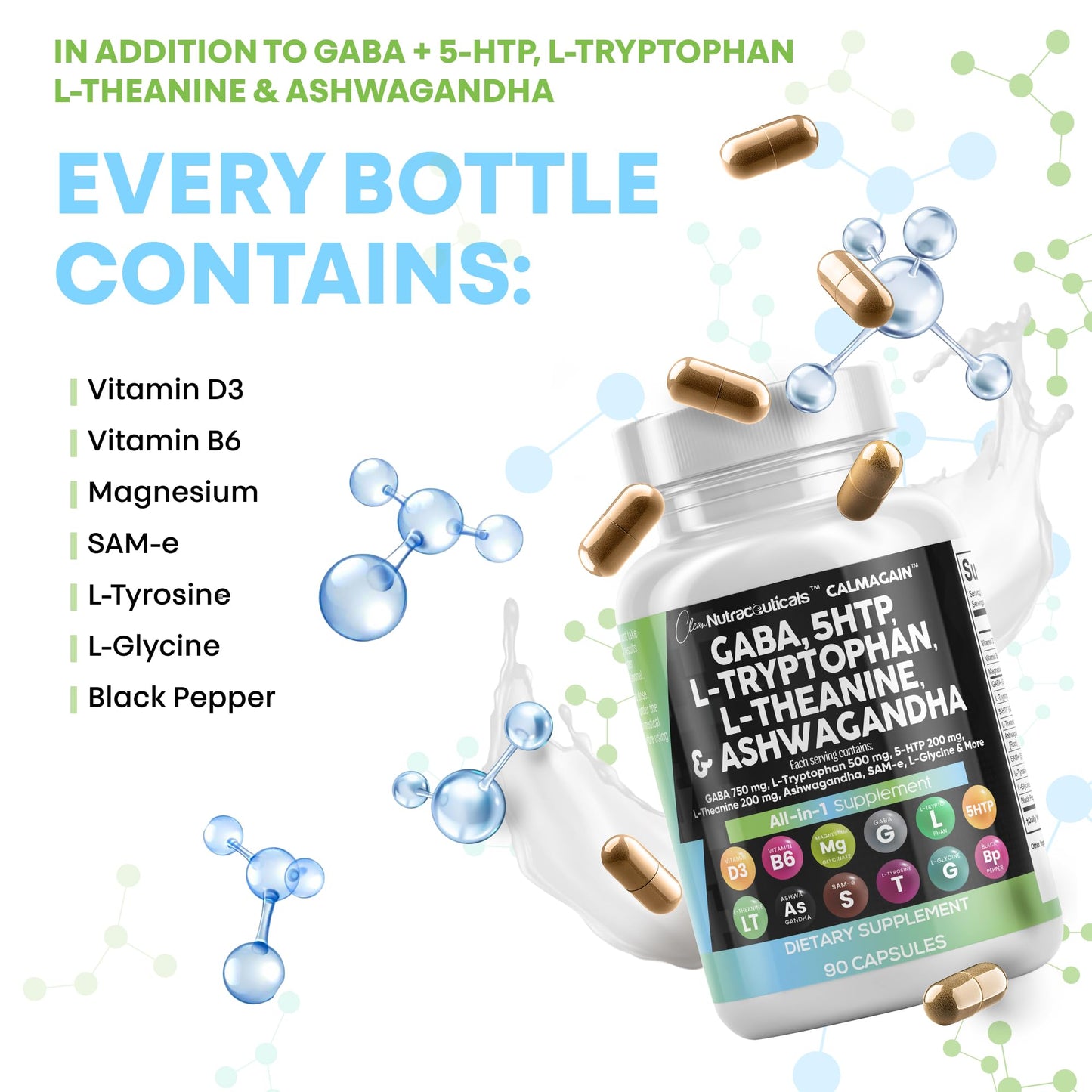 Clean Nutraceuticals GABA 750mg 5-HTP 200mg L-Tryptophan 500mg L-Theanine 200mg Ashwagandha SAM-e L-Glycine Mood Support Capsules, 90 Capsules