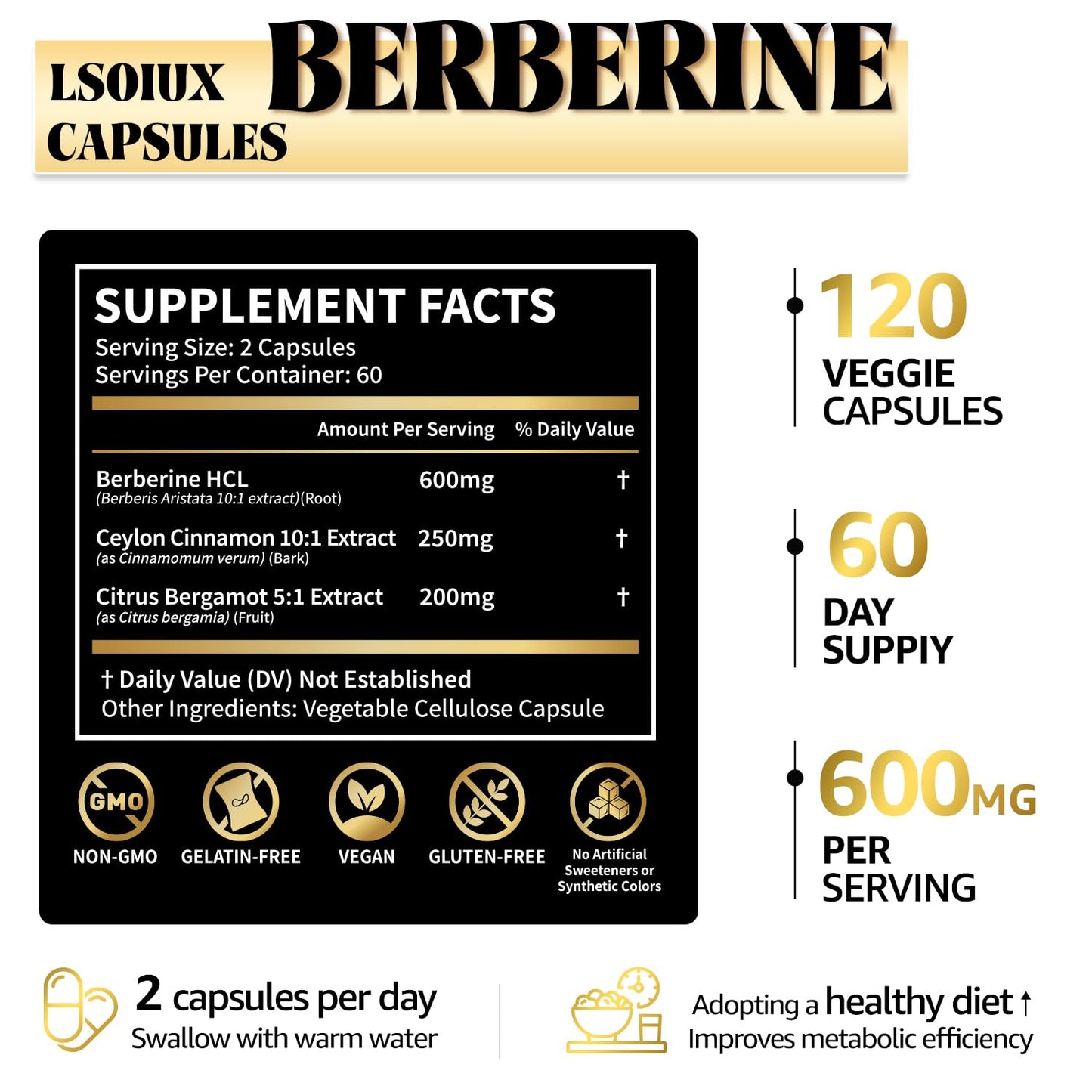 LSOIUX Berberine Supplement with Cinnamon, Liposomal Berberine for GLP-1 Lifestyle Support, 600mg Capsules, 120 Count