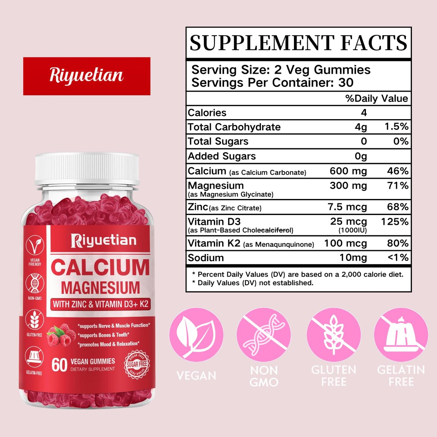 Riyuetian Calcium Gummies + Magnesium & Zinc with Vitamin D3 & K2, High Absorption Calcium Supplement for Bone, Teeth & Immune Support, Non GMO, Vegan, Gummy, 60 Count