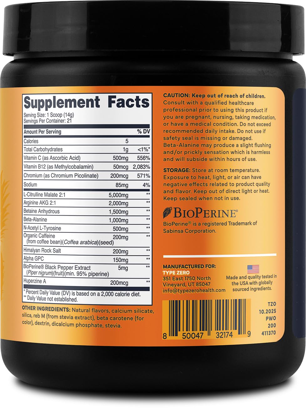 Type Zero Clean Pre Workout Powder 10.1 Ounce
