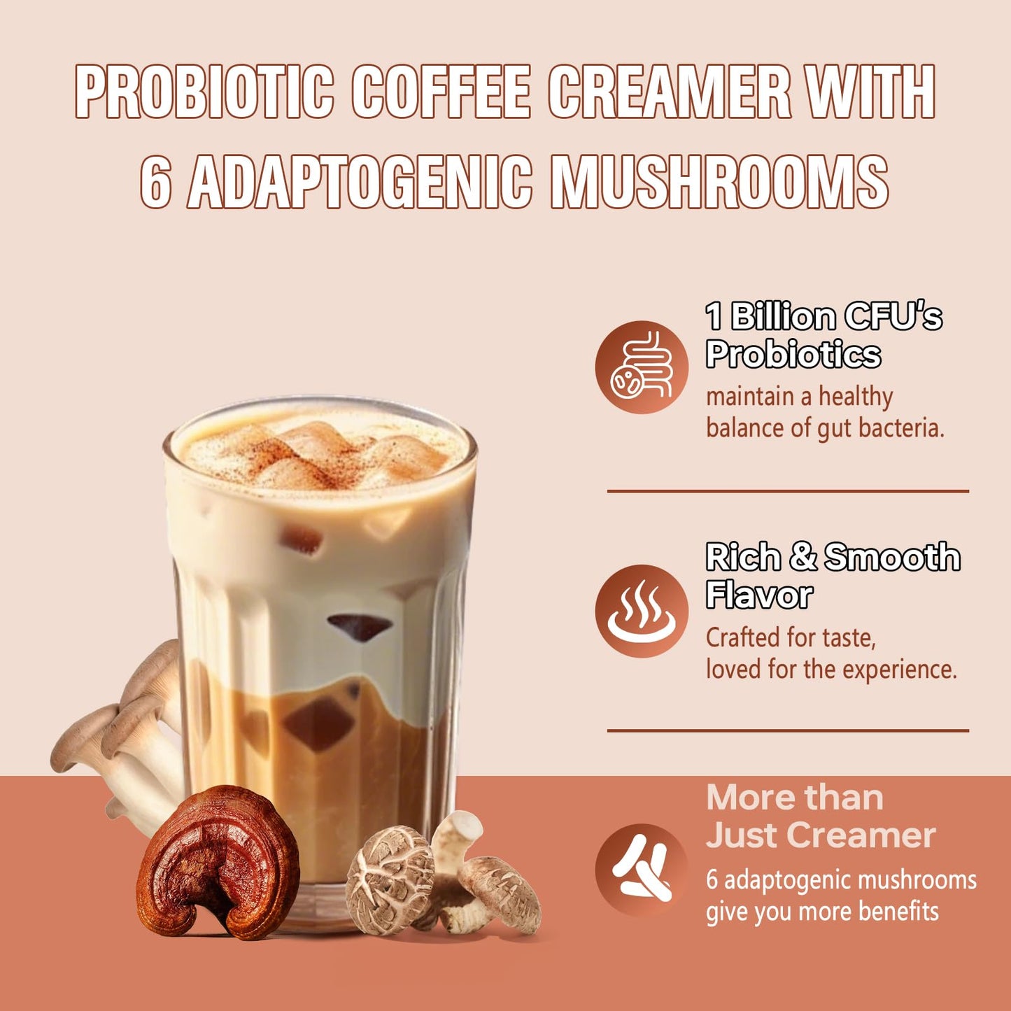 Bcuelov Mushroom Coffee Creamer Powder with 6 Adaptogenic Mushrooms & Probiotics, 7.4 oz