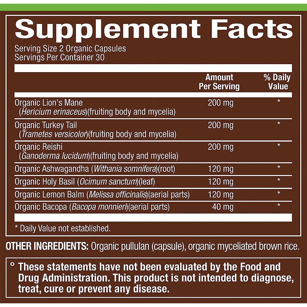 plnt Organic Stress Support - Herbal Formula with Organic Mushrooms 60 Capsules
