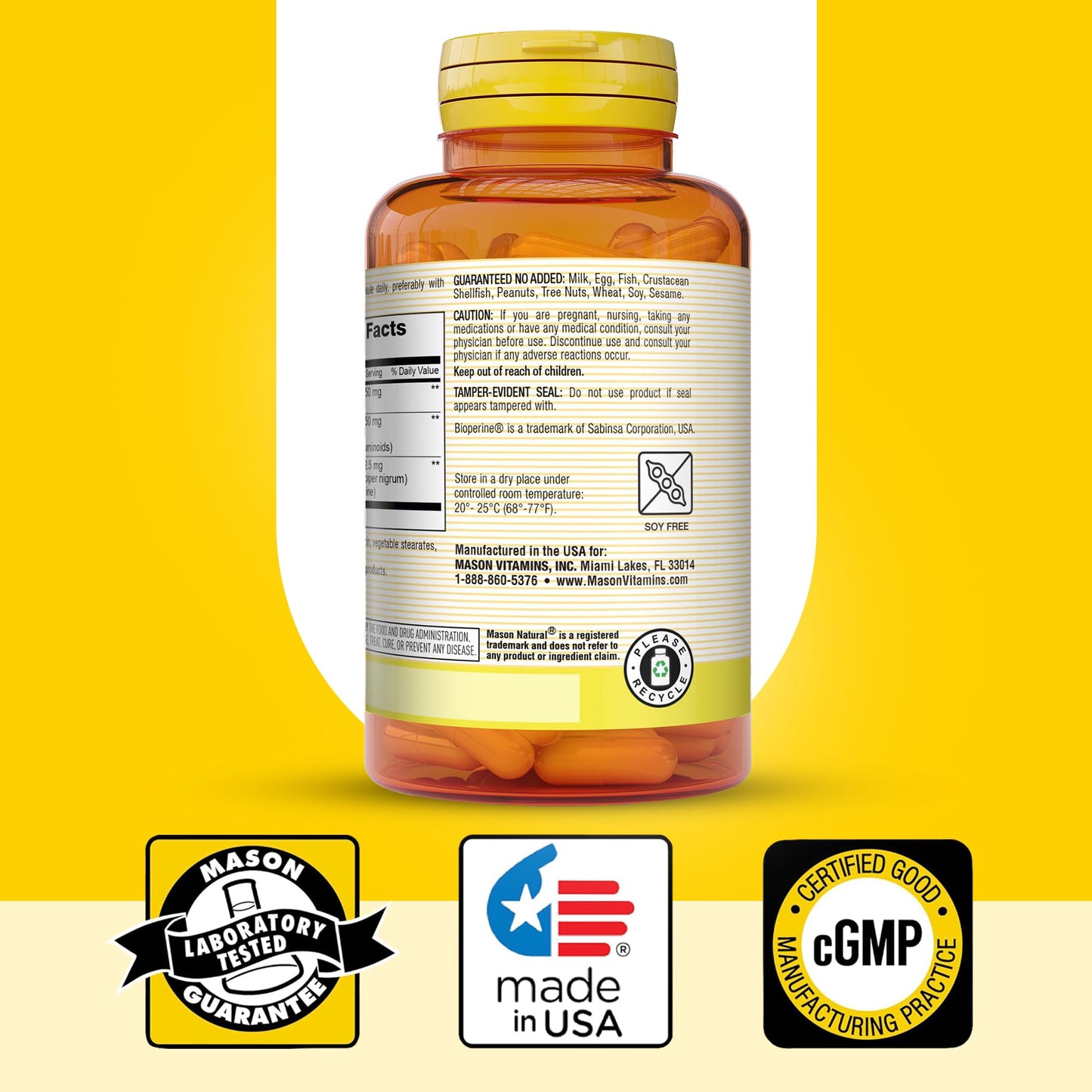 Mason Natural Optimal Absorption Turmeric 500 mg with BioPerine, Supports Normal Joint Health, 60 Capsules