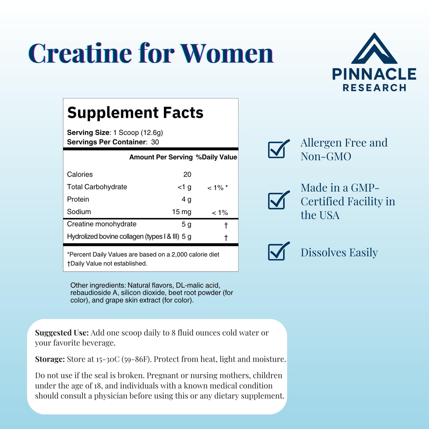 Pinnacle Research Creatine for Women + Collagen 5g Each - Mixed Berry Powder, 13.7