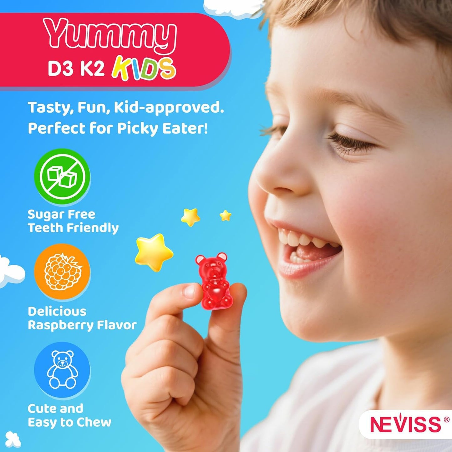 NEVISS Kids & Teens Vitamin D3 K2 Gummies + Calcium, Magnesium, Zinc, Phosphorus C, 60 Gummies