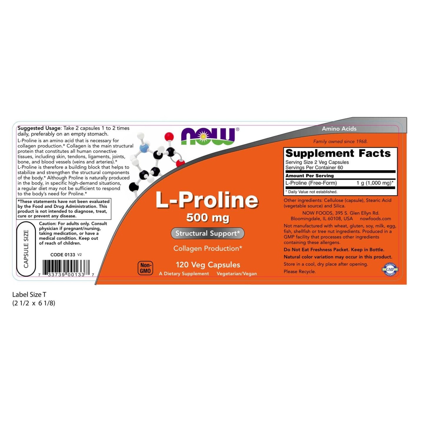 NOW Foods L-Proline 500 mg Capsules, 120 Count