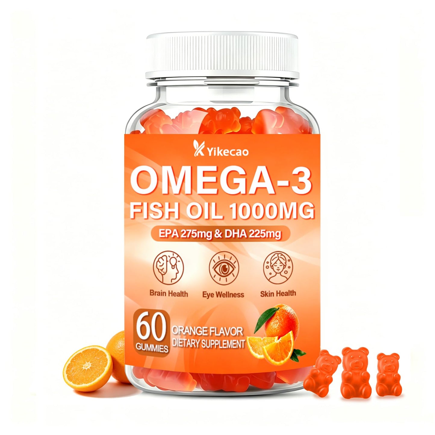 Yikecao Omega 3 Fish Oil Gummies 1000mg with DHA & EPA, 60 Gummies