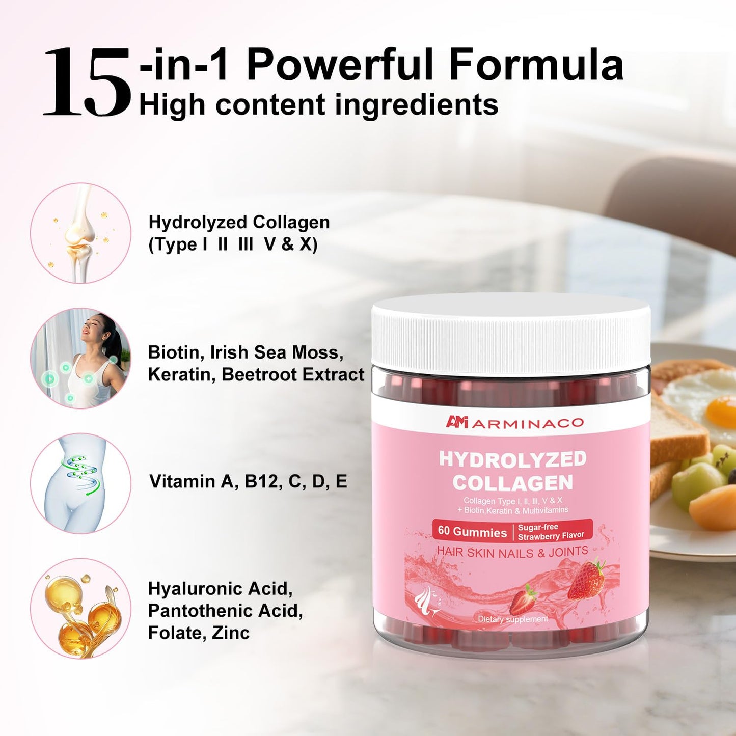 ARMINACO Collagen Gummies for Women – Low Sugar, Strawberry Flavor, Type I II III V X Collagen with Biotin, Vitamin C D B12 Zinc – Hydrolyzed Peptides for Hair Skin Nails Joints, 60 Gummies