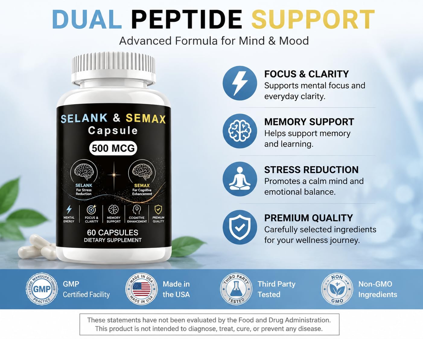 CAUDAN Selank Semax Blend Capsules, 500mcg, 60 Count