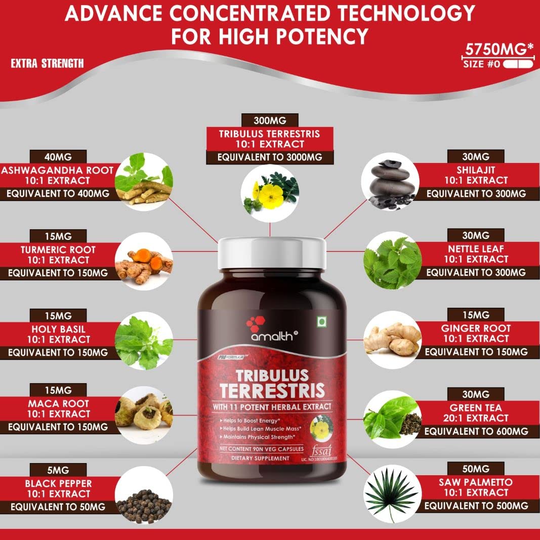 AMALTH Tribulus Terrsestris 20:1 Extract with Ashwagandha, Saw Palmetto, Shilajit Capsules, 90 Count