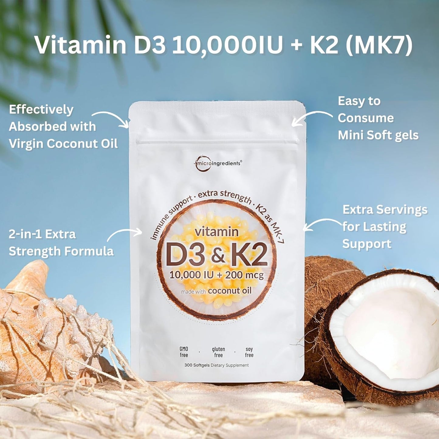 Micro Ingredients Vitamin D3 10,000 IU + K2 MK-7 200 mcg Softgels, 300 Count