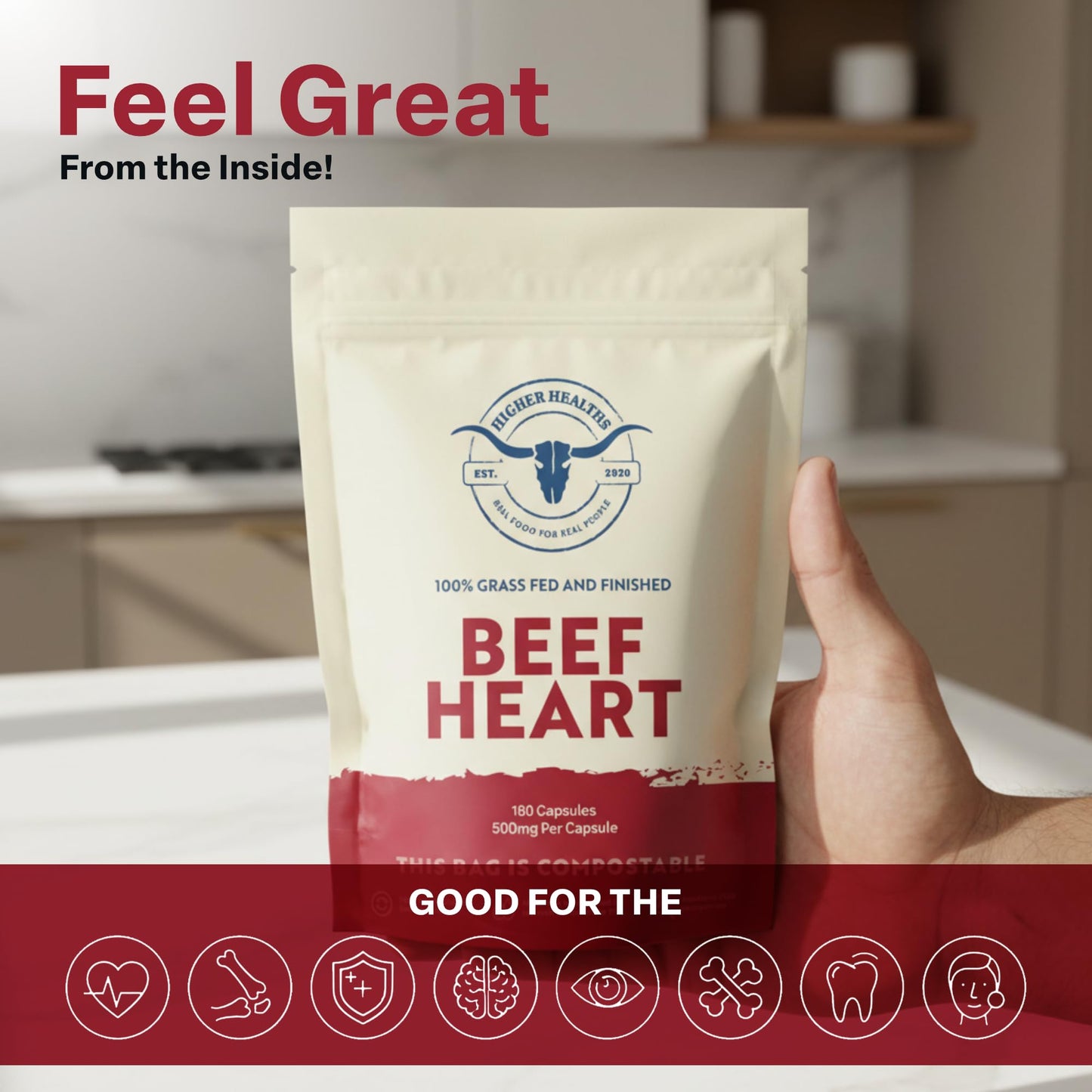 Higher Healths 100% Beef Heart Supplement Capsules 180