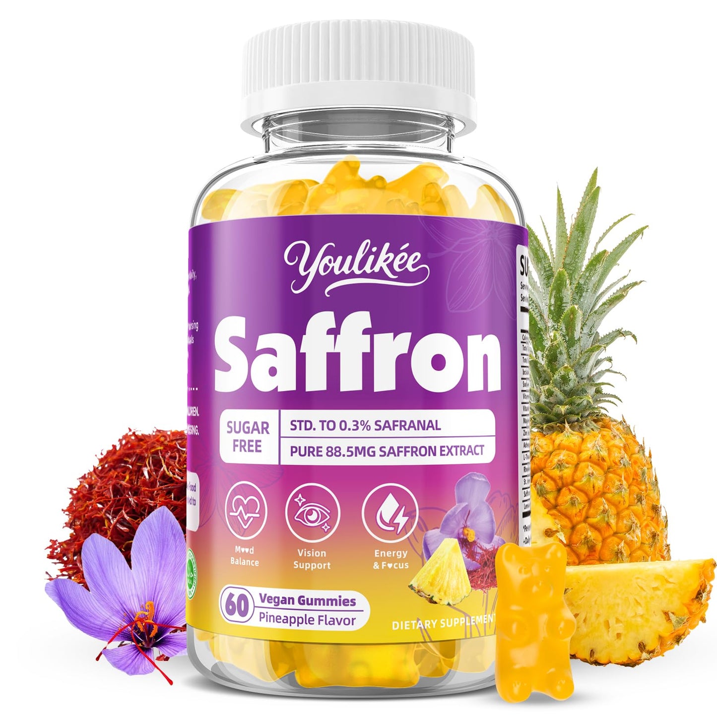 Youlikee Saffron Gummies 88.5mg, Pineapple Flavor, 60 Count