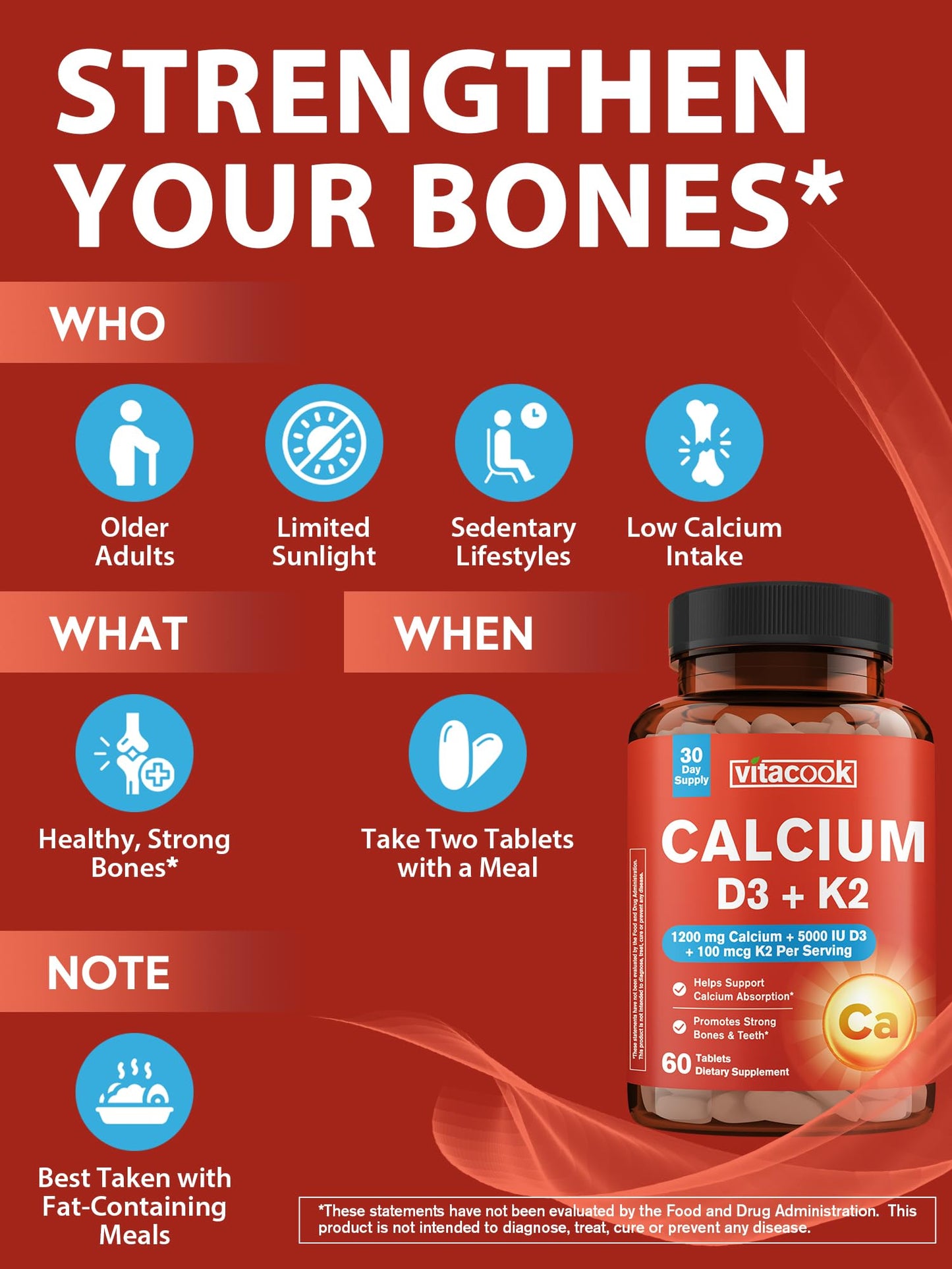Vitacook Calcium Supplements for Women & Men, 1200 mg with Vitamin D3 K2, 5000 IU D3, 100 mcg MK-7, Non-GMO, 60 Tablets