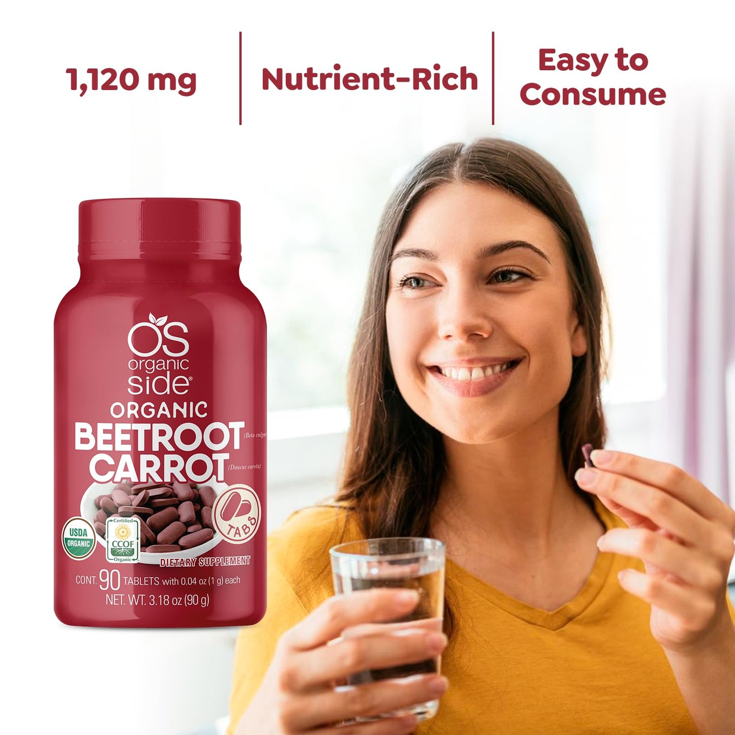 OS Organic Side Beetroot & Carrot Tablets, 90 Count