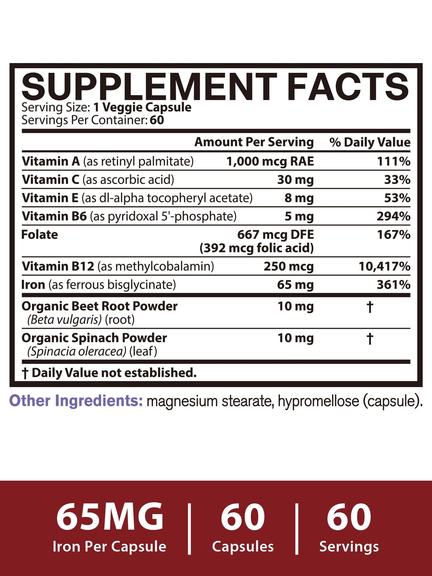Vitacook Iron Supplement for Women & Men, 65mg Ferrous Bisglycine Chelate Capsules, 60 Count