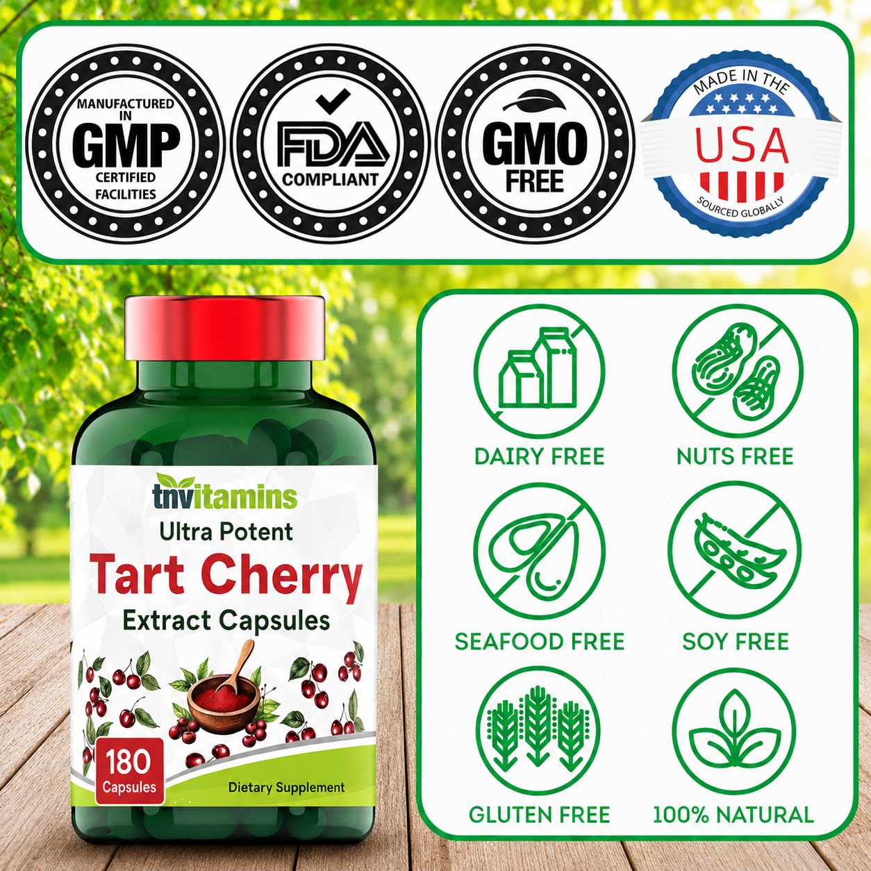 tnvitamins Tart Cherry 400 mg 30:1 Extract Capsules, 180 Count