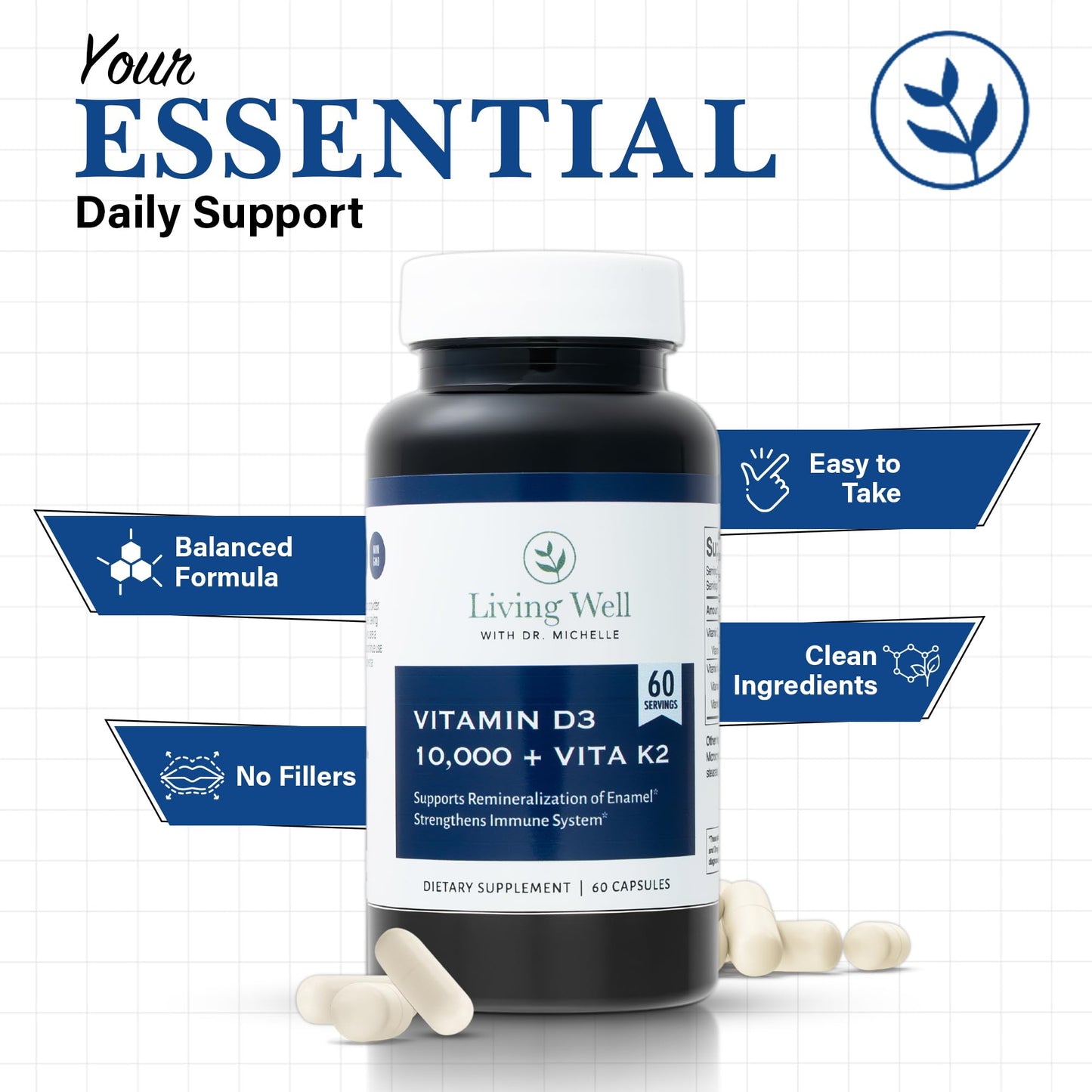 Living Well with Dr. Michelle Vitamin D3 10,000 IU with K2, 60 Capsules