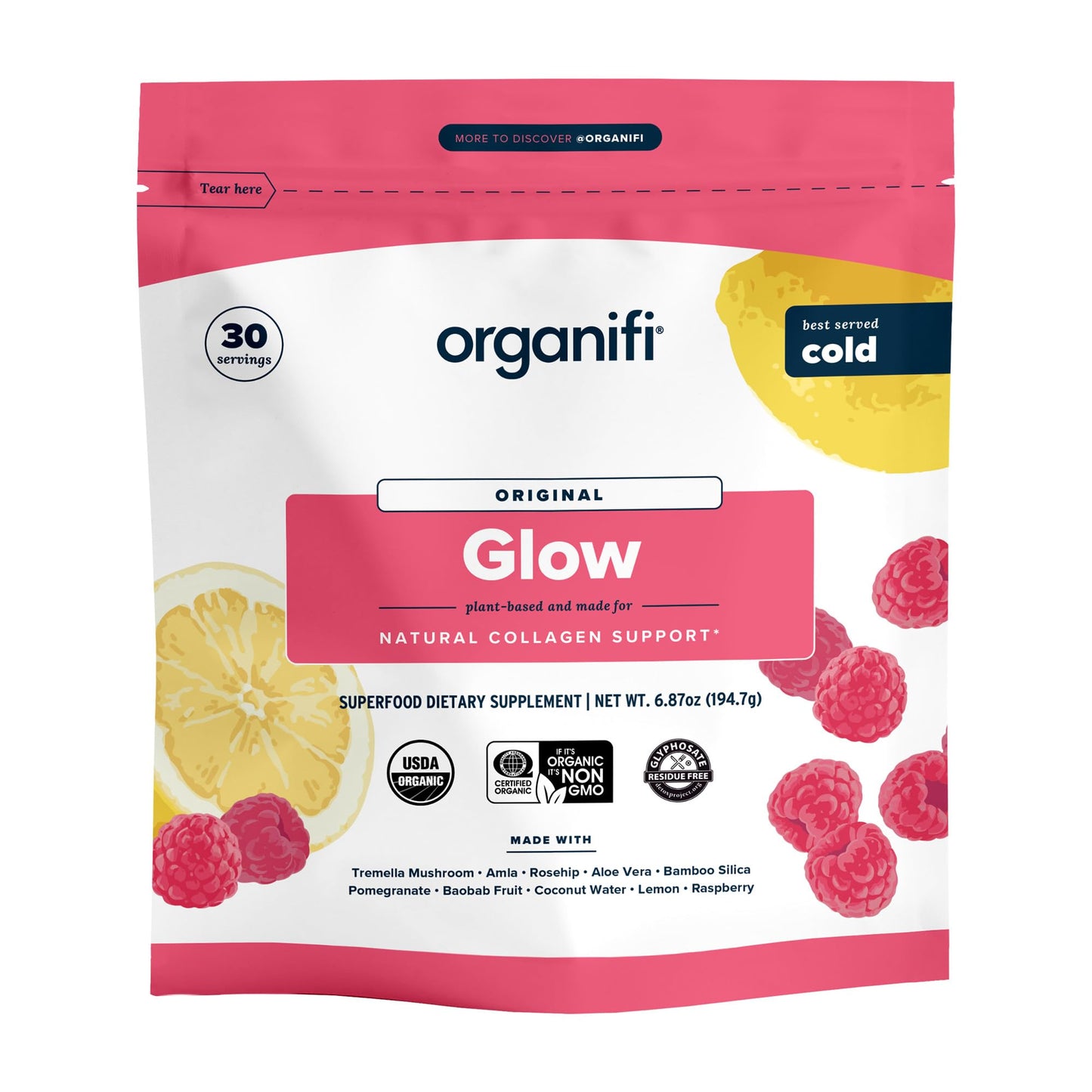 Organifi Glow Vegan Collagen Powder for Women - Organic Flavored Water Ingredient, 7.2 Ounce