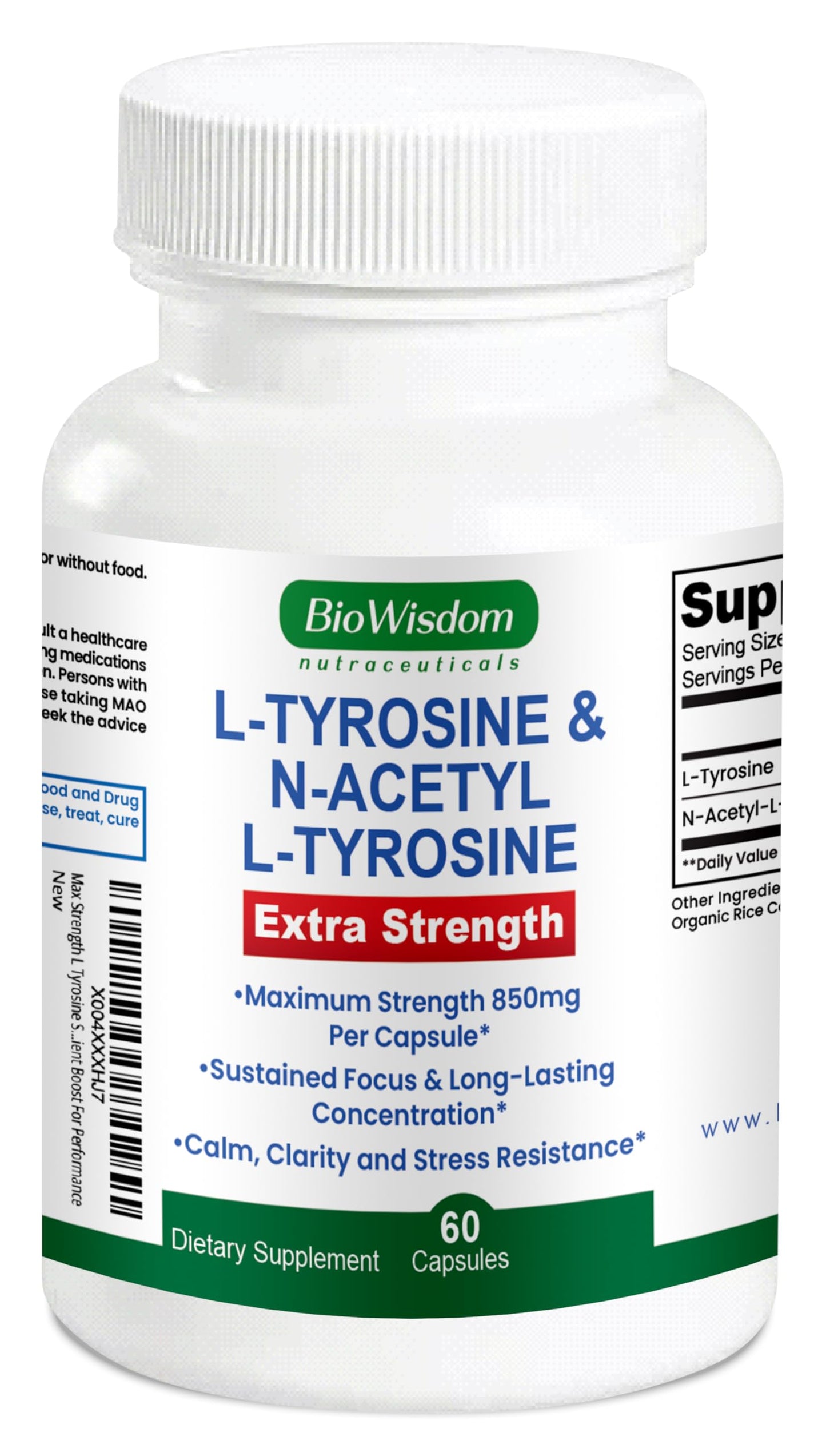 BioWisdom Nutraceuticals Max Strength L Tyrosine Supplement & N Acetyl L Tyrosine Peak Focus, Alertness, Concentration, Body & Mind Energy Capsule, 60 Count