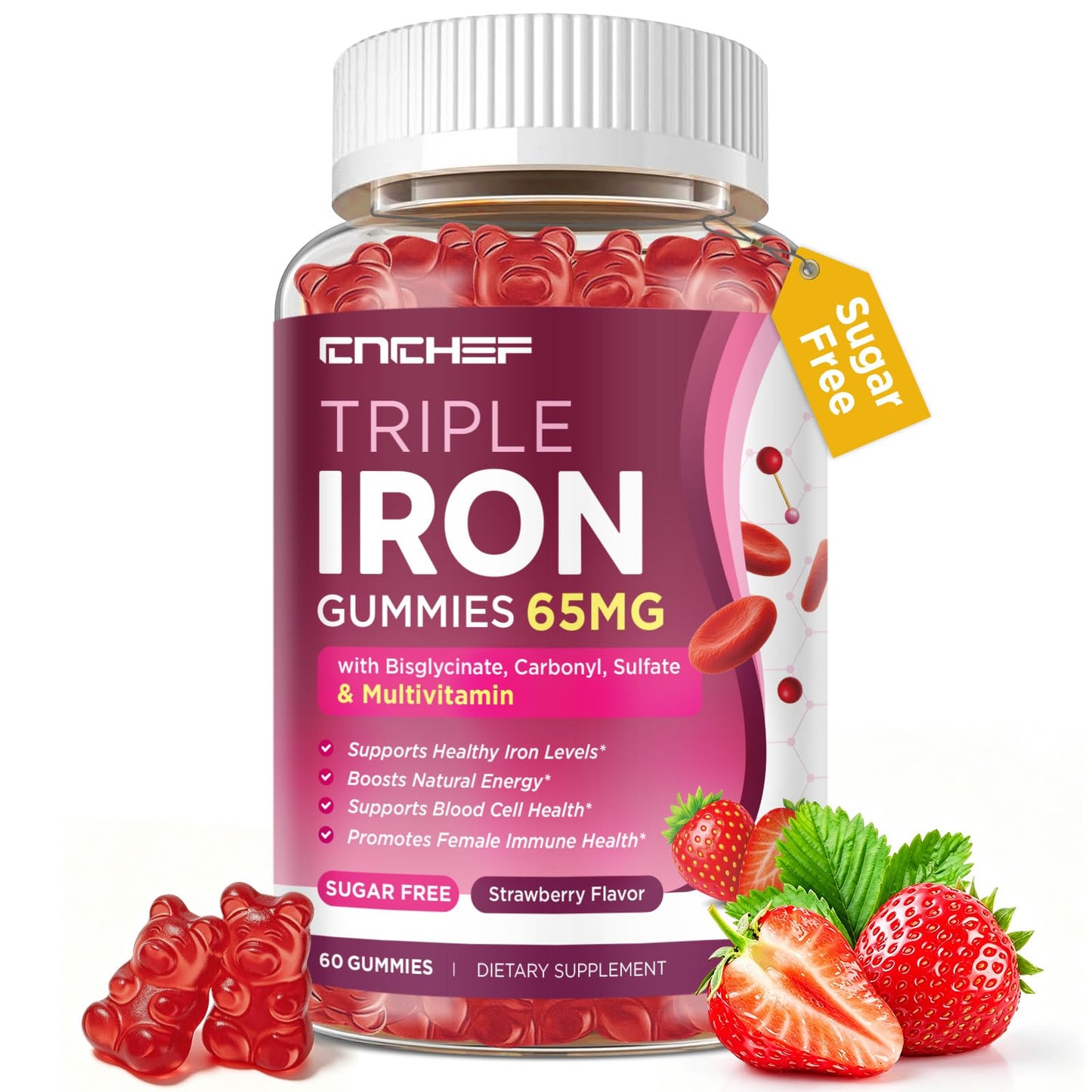 CNCHEF 65mg Iron Gummies with Multivitamin, 60 Gummies