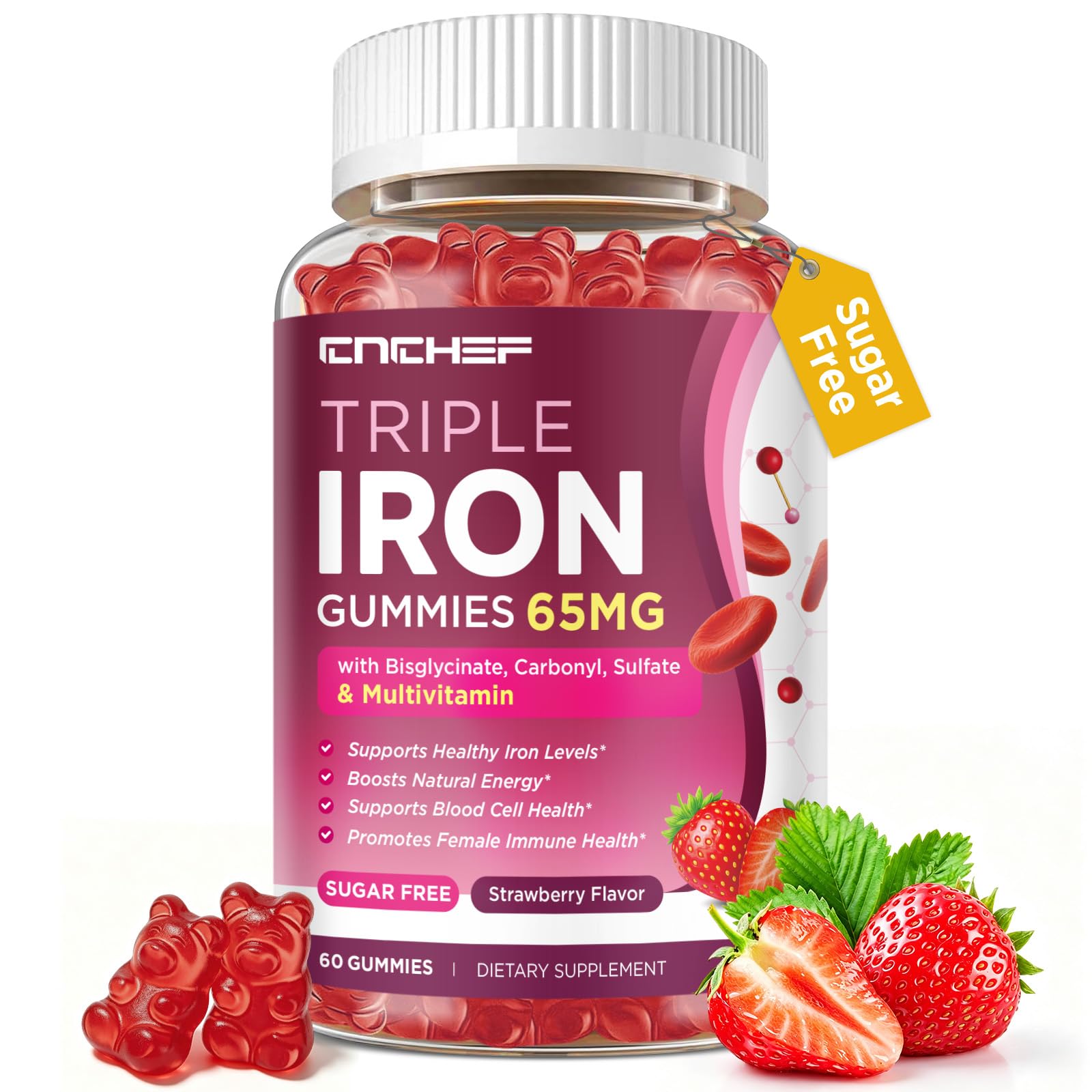 CNCHEF 65mg Iron Gummies with Multivitamin, 60 Gummies
