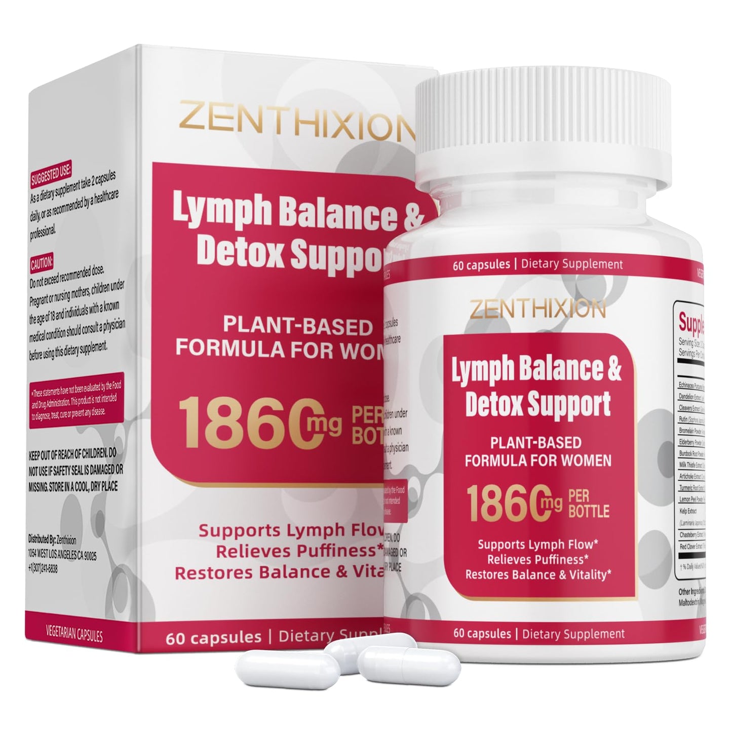 Zenthixion Lymphatic Drainage Supplements 1860mg Lymph System Support Supplement for Women with Dandelion, Burdock, Echinacea, Rutin, Turmeric, Cleavers, Bromelain & More 60 Capsules