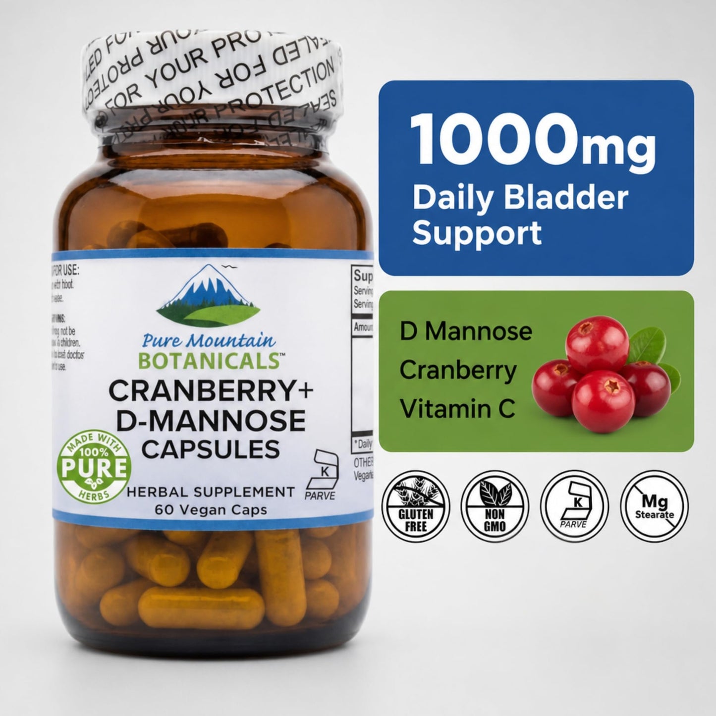 Pure Mountain Botanicals D-Mannose with Cranberry Capsules, 60 Count