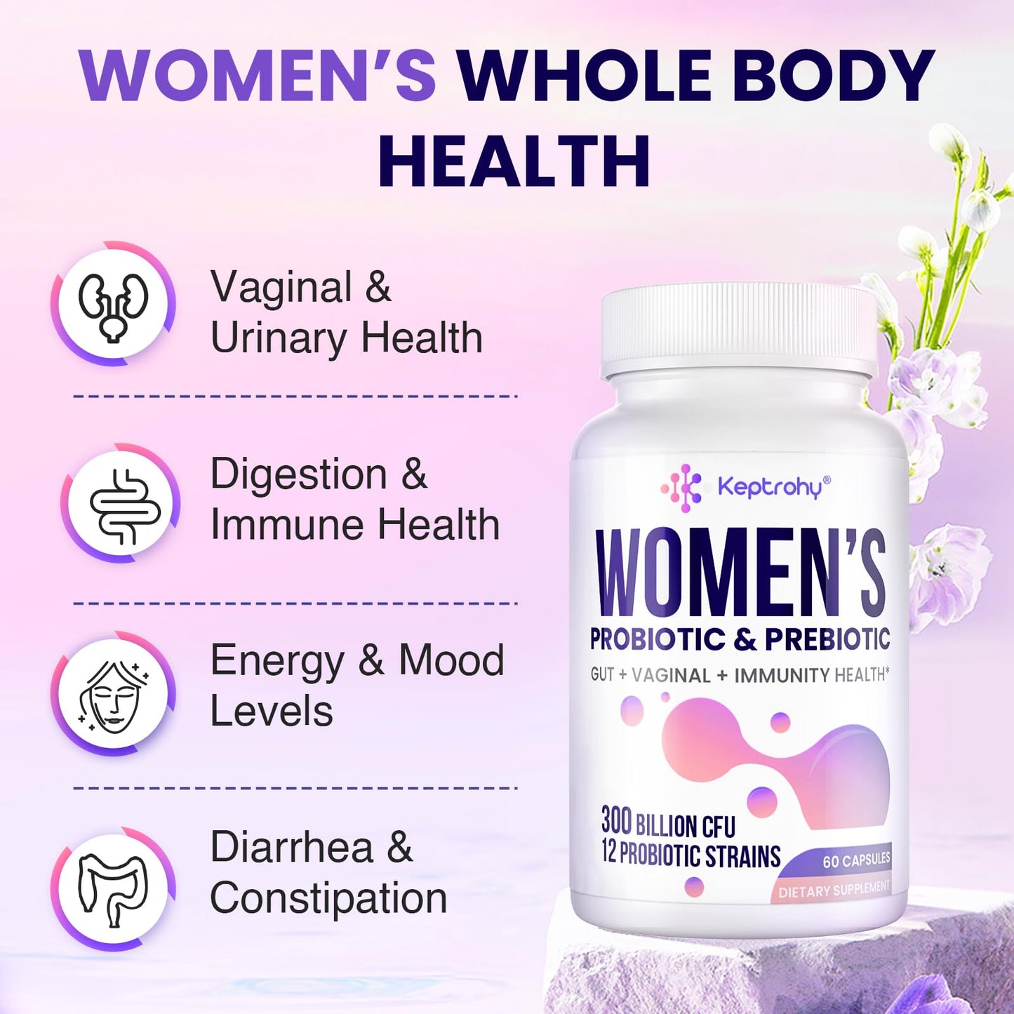 Keptrohy Vaginal Probiotics for Women Capsule 60 Count, 300 Billion CFUs, 12 Strains