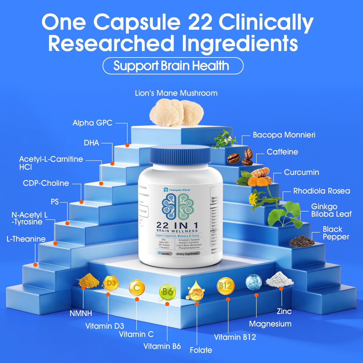 Tzaxyan Pure Brain Supplements for Memory and Focus - 22-in-1 Brain Supplement with Alpha GPC, Citicoline, Vitamin B12, Bacopa, Lion’s Mane, DHA - Brain Health for Clarity, Energy & Cognitive Support, 90 Capsules