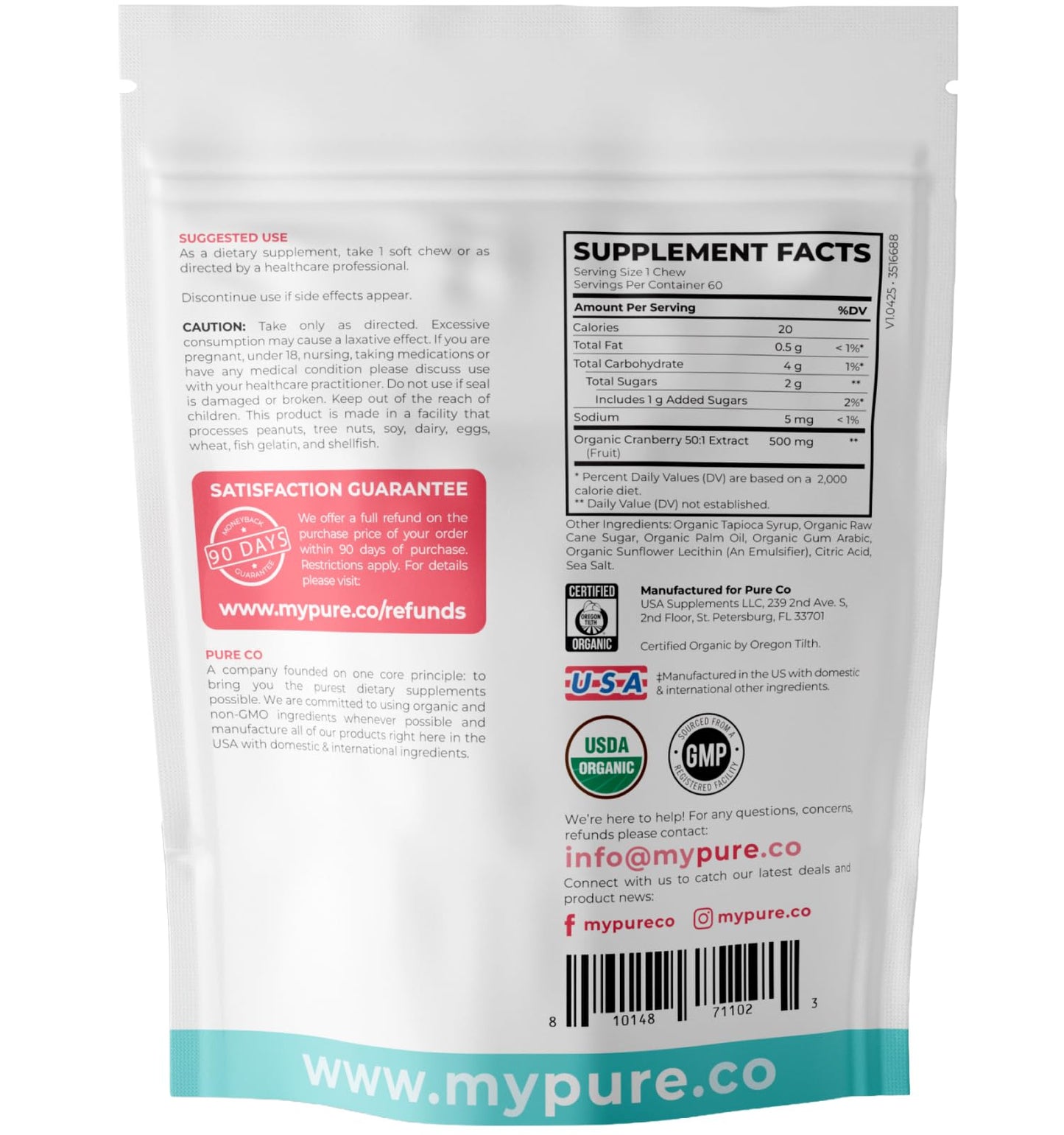 PURE CO Certified Organic Cranberry Chews 60 Count