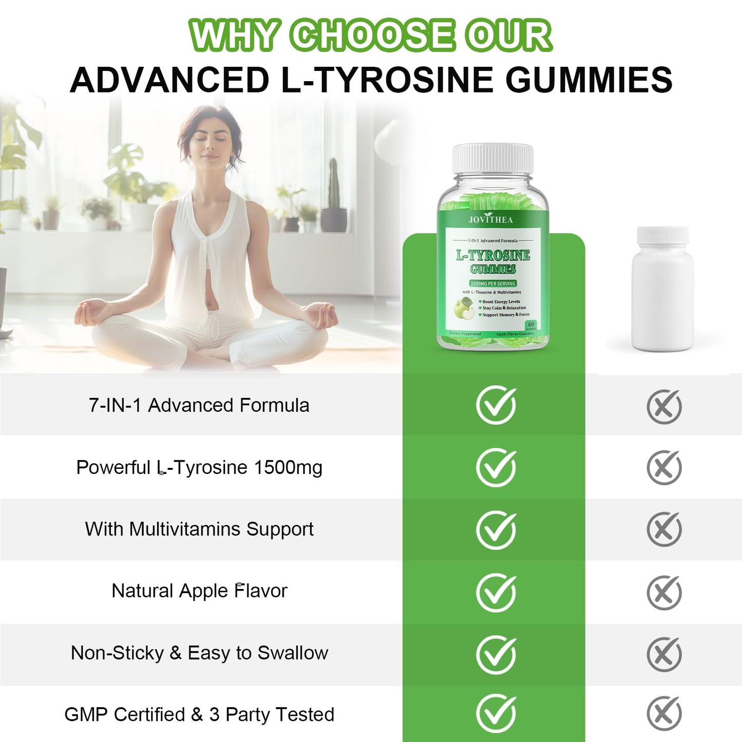 JOVITHEA L-Tyrosine Gummies 1500mg, Apple Flavor, 120 Gummies
