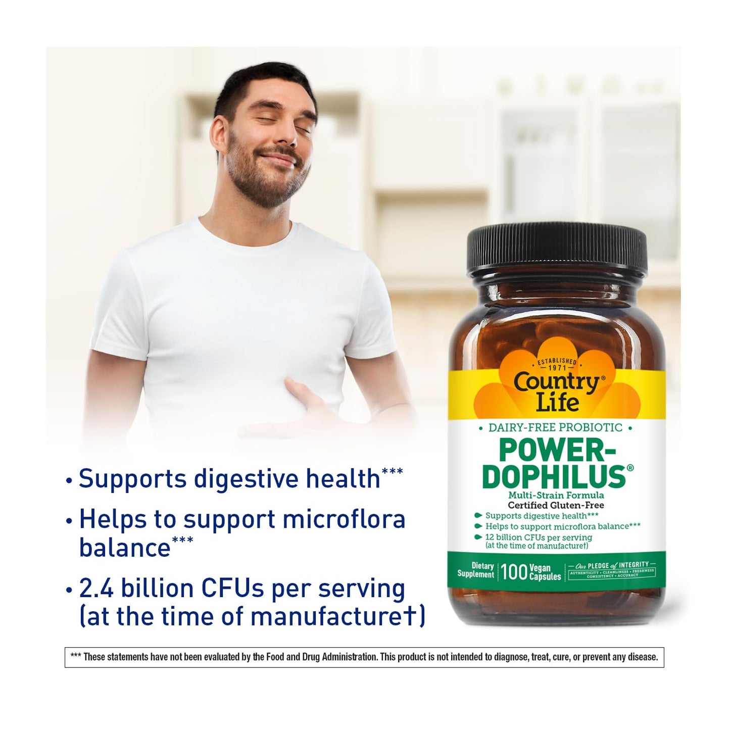 Country Life Power-Dophilus Dairy-Free Multi-Strain Probiotic 12 Billion CFUs, 100 Vegan Capsules