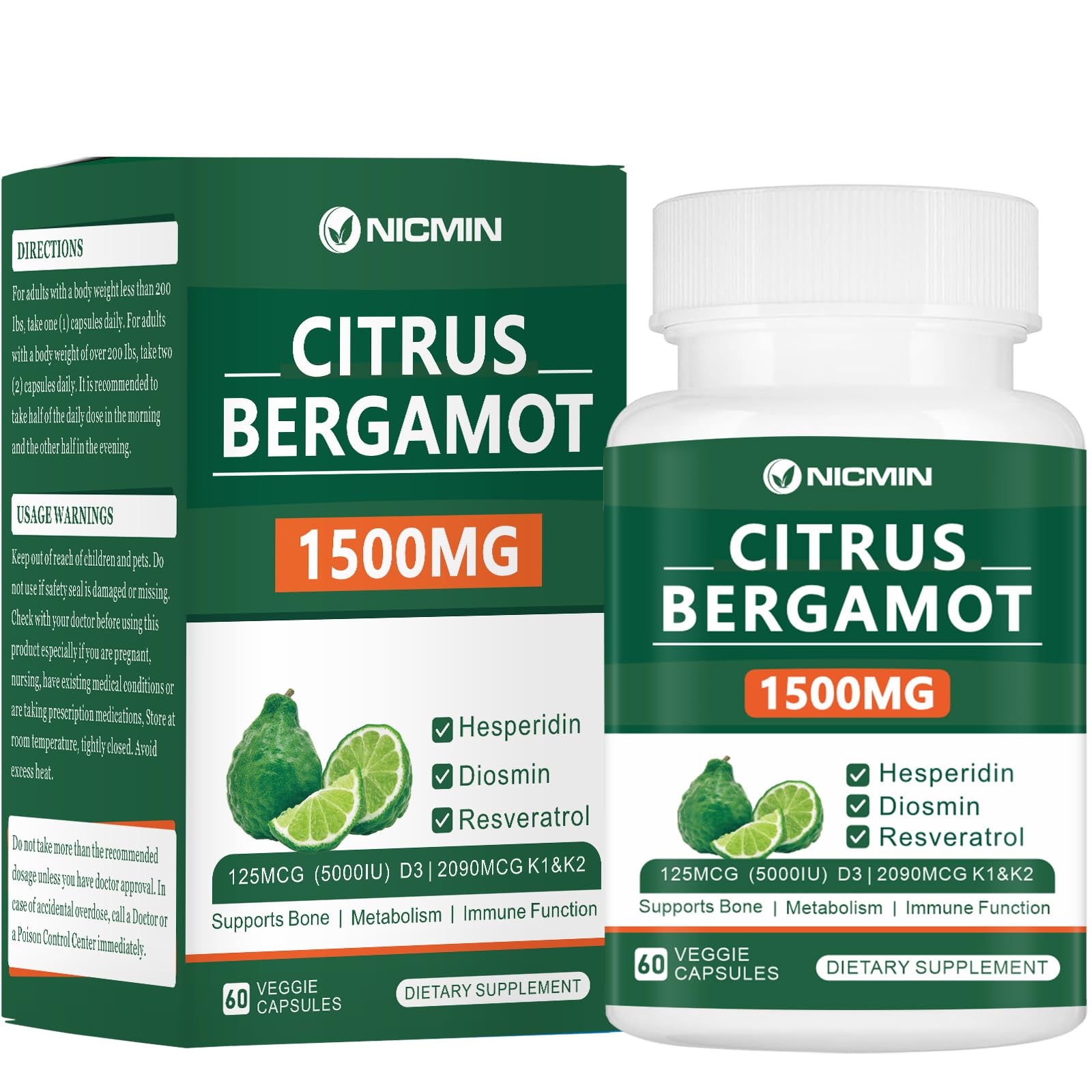 NICMIN Citrus Bergamot 1500mg with Hesperidin, Diosmin, Resveratrol, Vitamin D3, K1 & K2 Bergamot Supplement 60 Veggie Capsules
