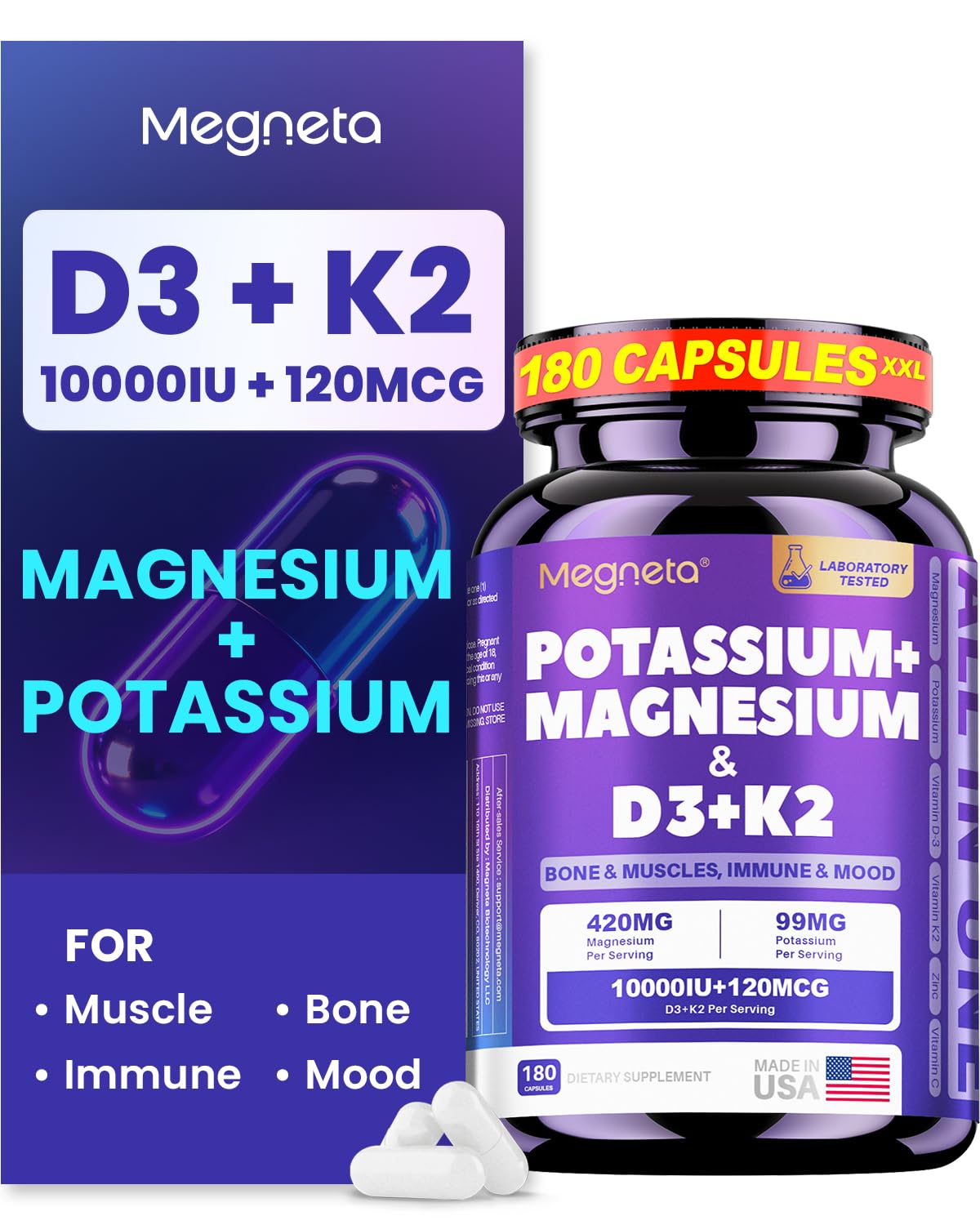 MEGNETA Magnesium Glycinate 420 mg with Potassium, D3 10,000 IU, K2 Capsule, 180 Capsules