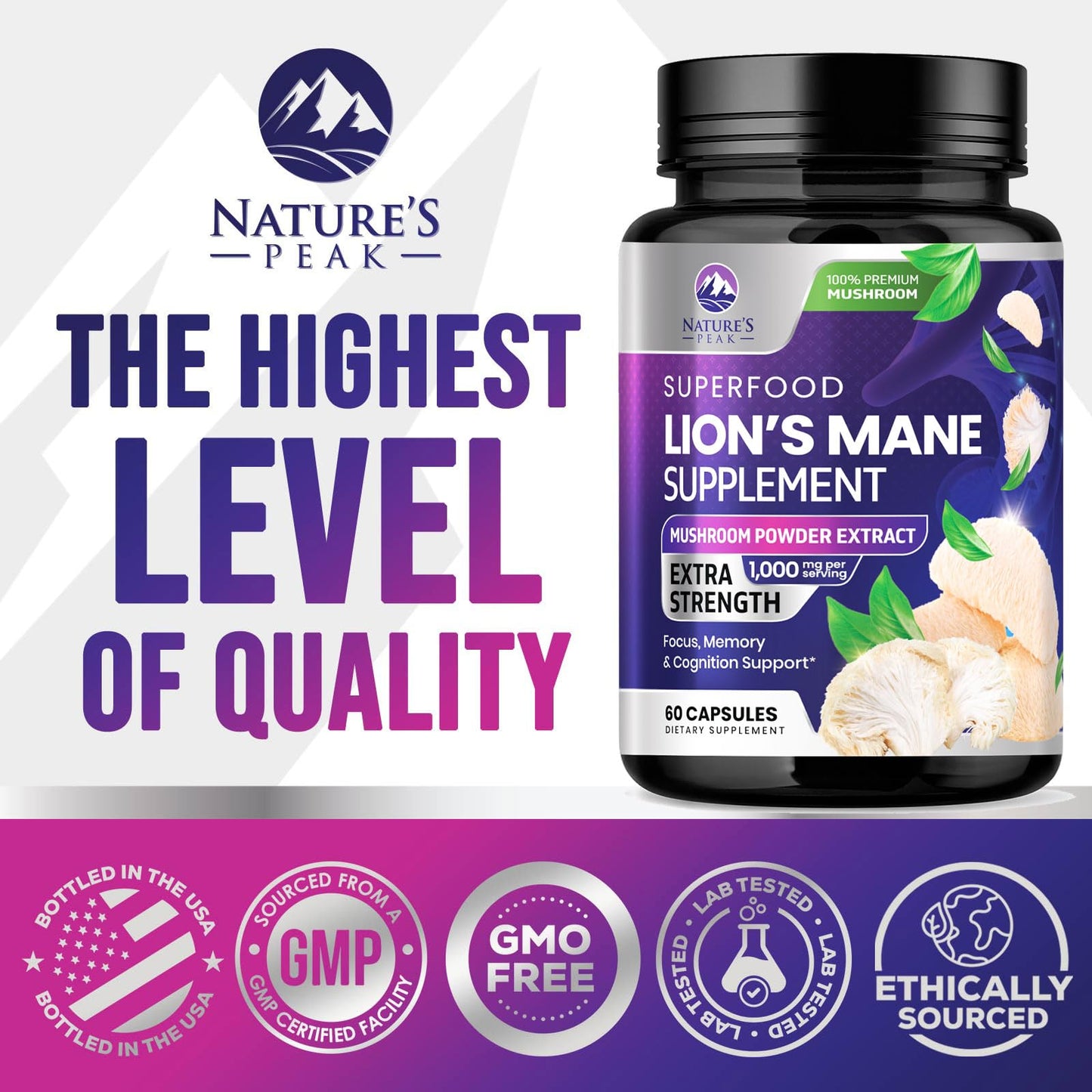 Nature's Peak Lions Mane 1000mg Supplement Capsules, 60 Count