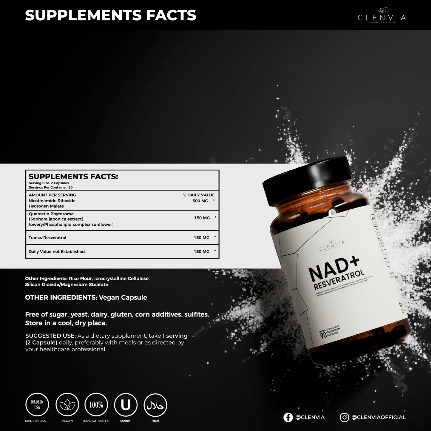 CLENVIA NAD+ Supplement with Resveratrol Advanced NAD+ Complex Capsules, 90 Capsules