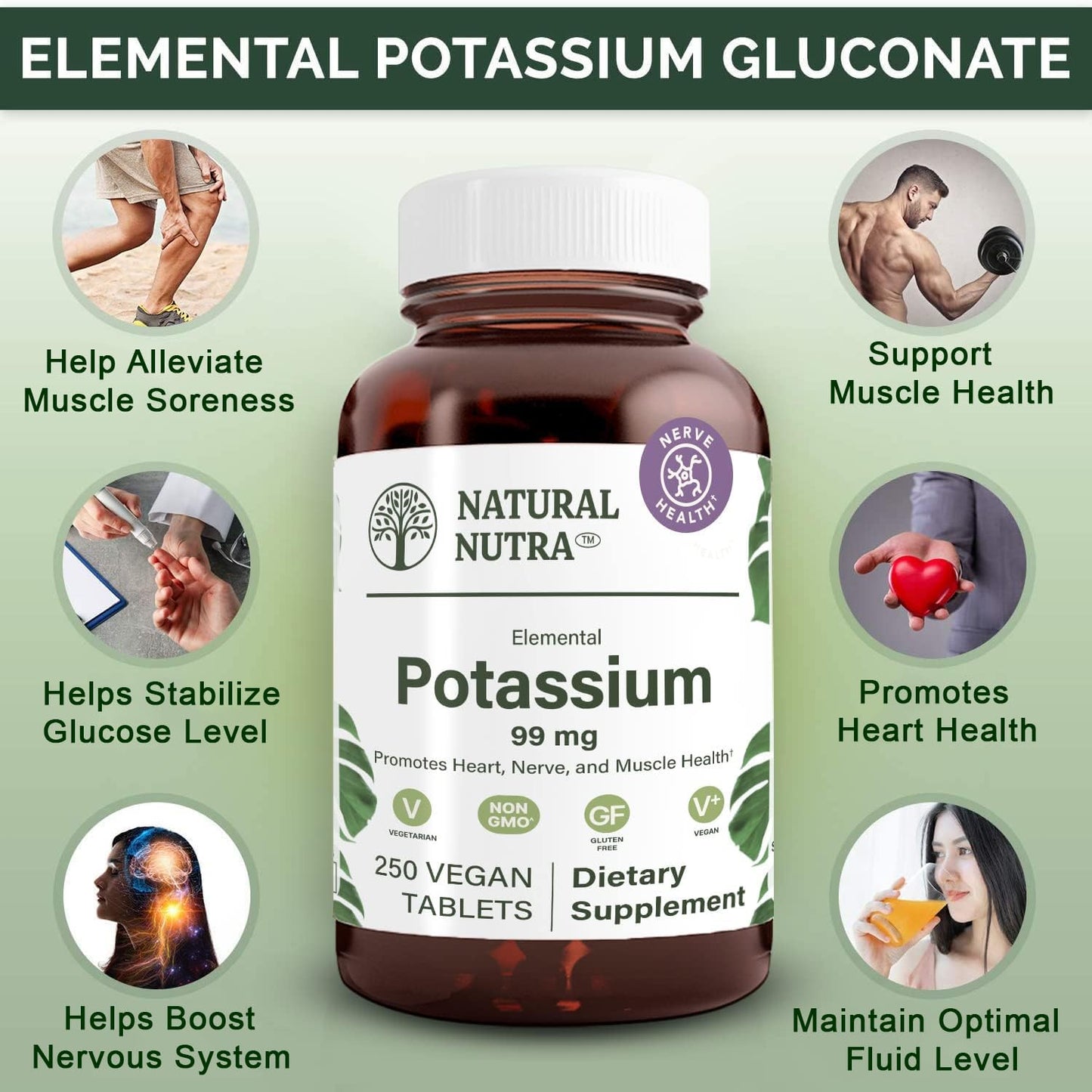 Natural Nutra Elemental Potassium Gluconate 99 mg Dietary Supplement Tablets 250