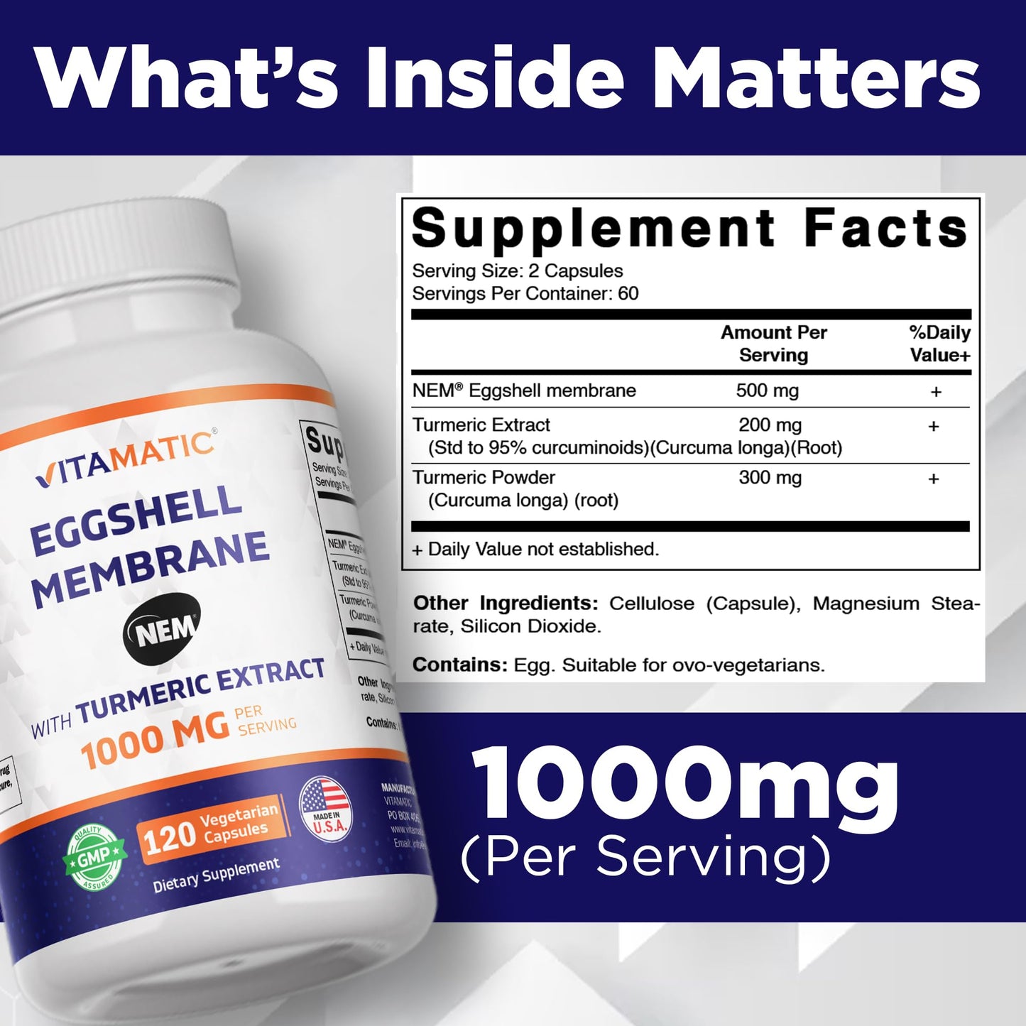 Vitamatic Eggshell Membrane (NEM) with Turmeric Extract 1000 mg Capsules, 120 Count