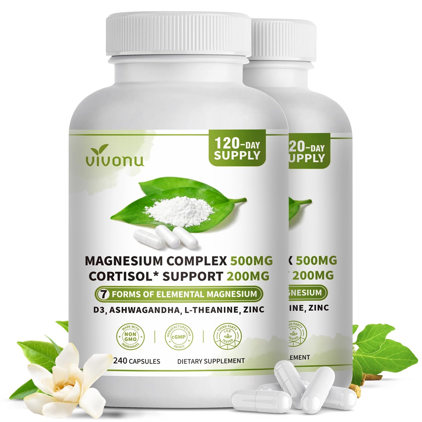 VivoNu Magnesium Complex for Women & Men with Cortisol Support, D3, Zinc, 7 Forms Magnesium Supplement, 480 Capsules