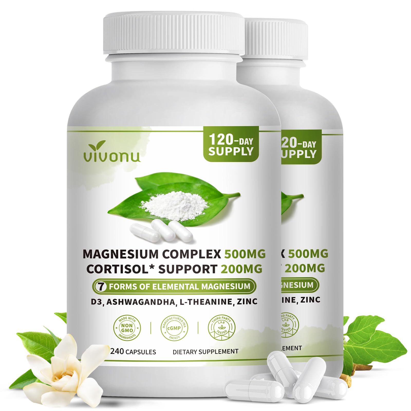 VivoNu Magnesium Complex for Women & Men with Cortisol Support, D3, Zinc, 7 Forms Magnesium Supplement, 480 Capsules