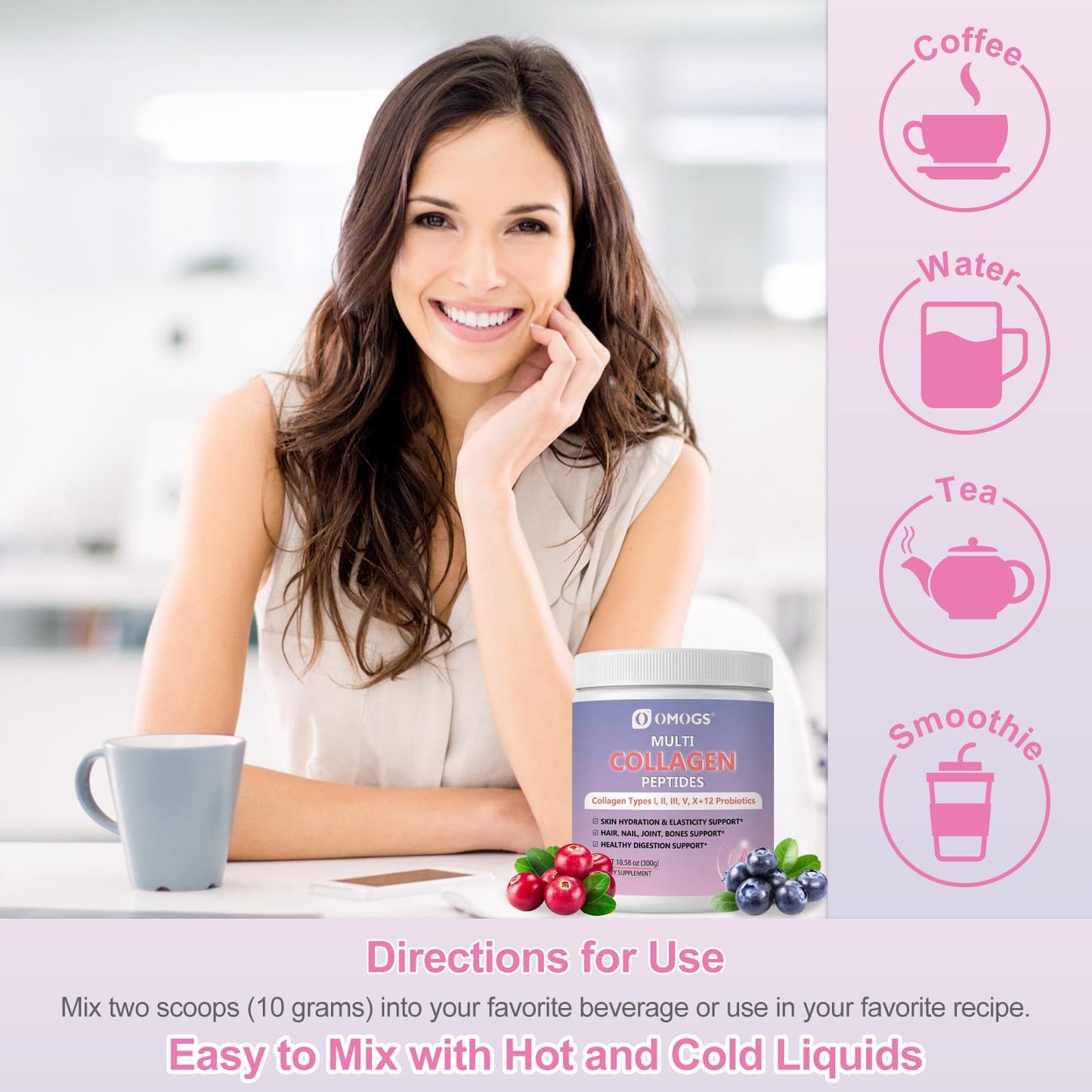 OMOGS Hydrolyzed Collagen Peptide Powder with Prebiotics, Vitamin C & Cranberry Extract for Hair, Skin, Nails, Bones, Digestive & Urinary Tract Health, Easy Dissolve, Non-GMO, 1 oz