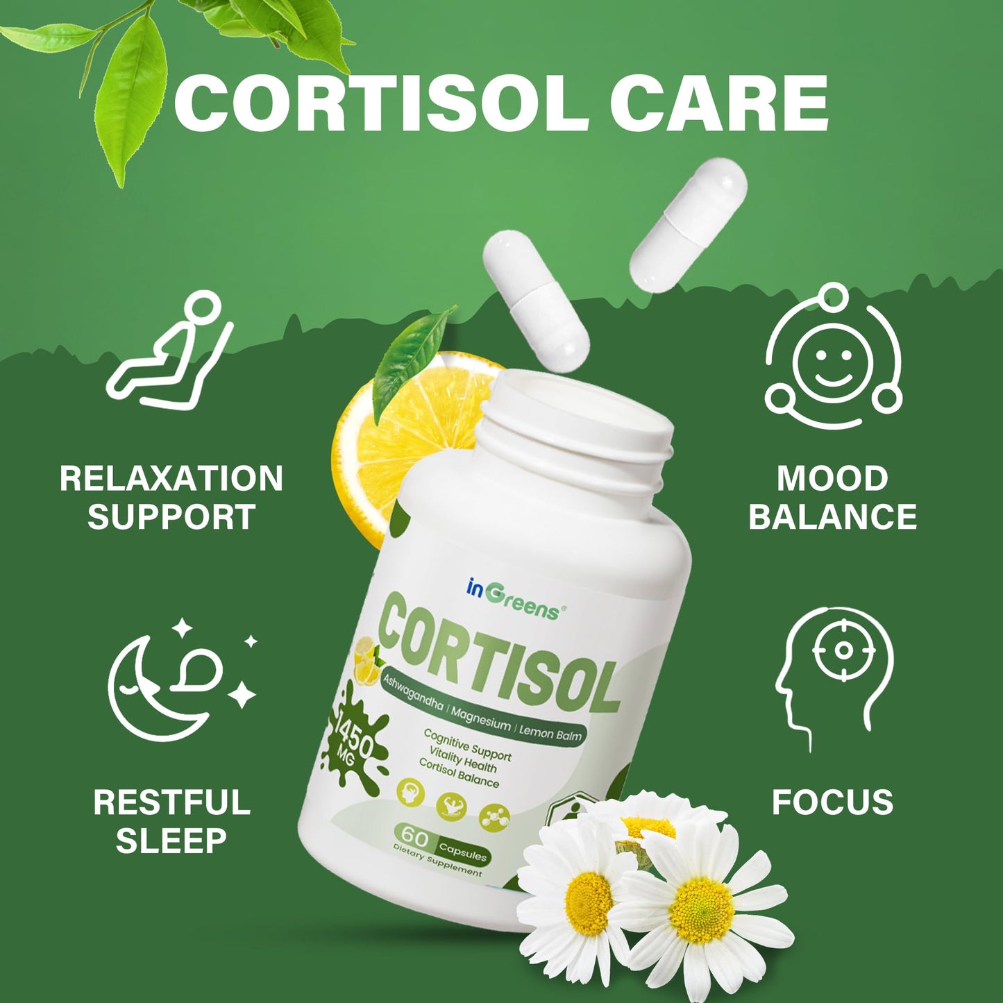 inGreens Cortisol Supplement 15-in-1 Cortisol Manager with Ashwagandha, L-Theanine & Magnesium Capsule, 180 Capsules