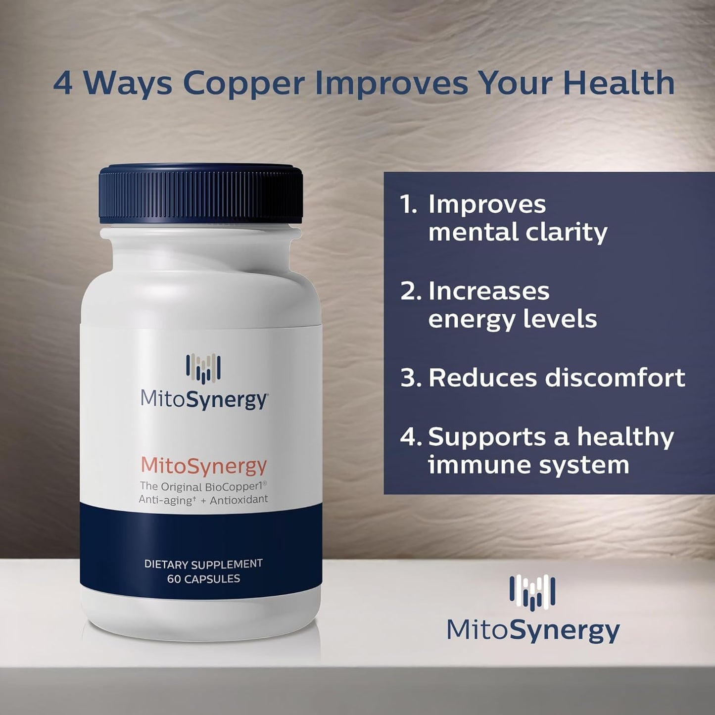 MitoSynergy Original BioCopper1 (Cunermuspir) - BioAvailable Copper MultiVitamin with CoQ10 and d-ribose to Boost NAD+ Supports Mitochondrial ATP Energy Brain and Joint Health Capsule, 60 Count