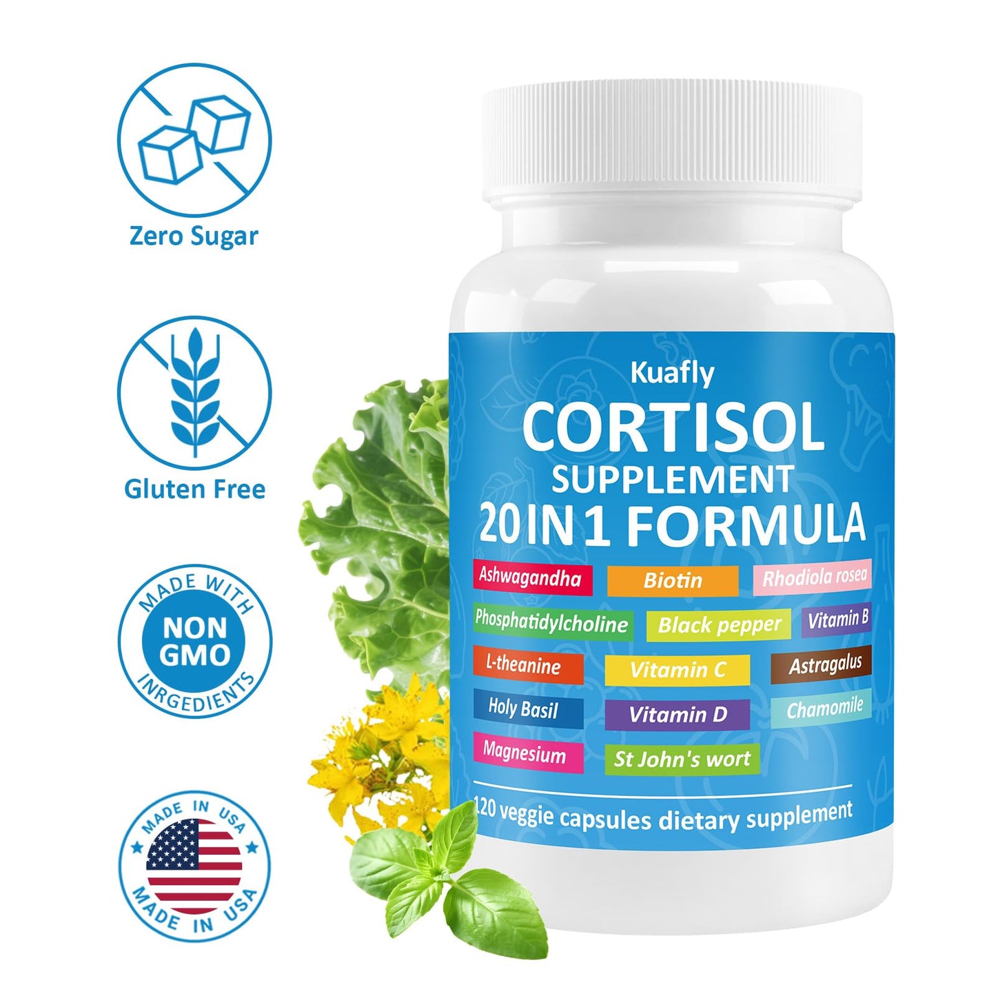 KUAFLY Cortisol Supplements for Women & Men, 120 Capsules