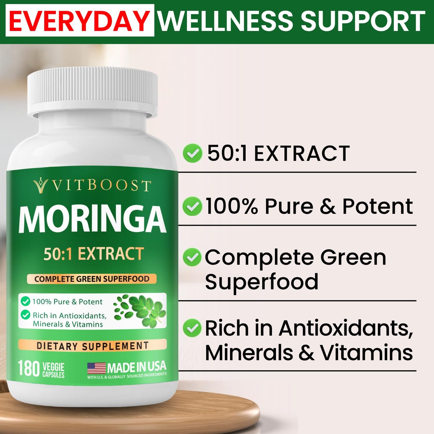 VITBOOST Moringa 50:1 Extract 400 mg Capsules, 180 Count