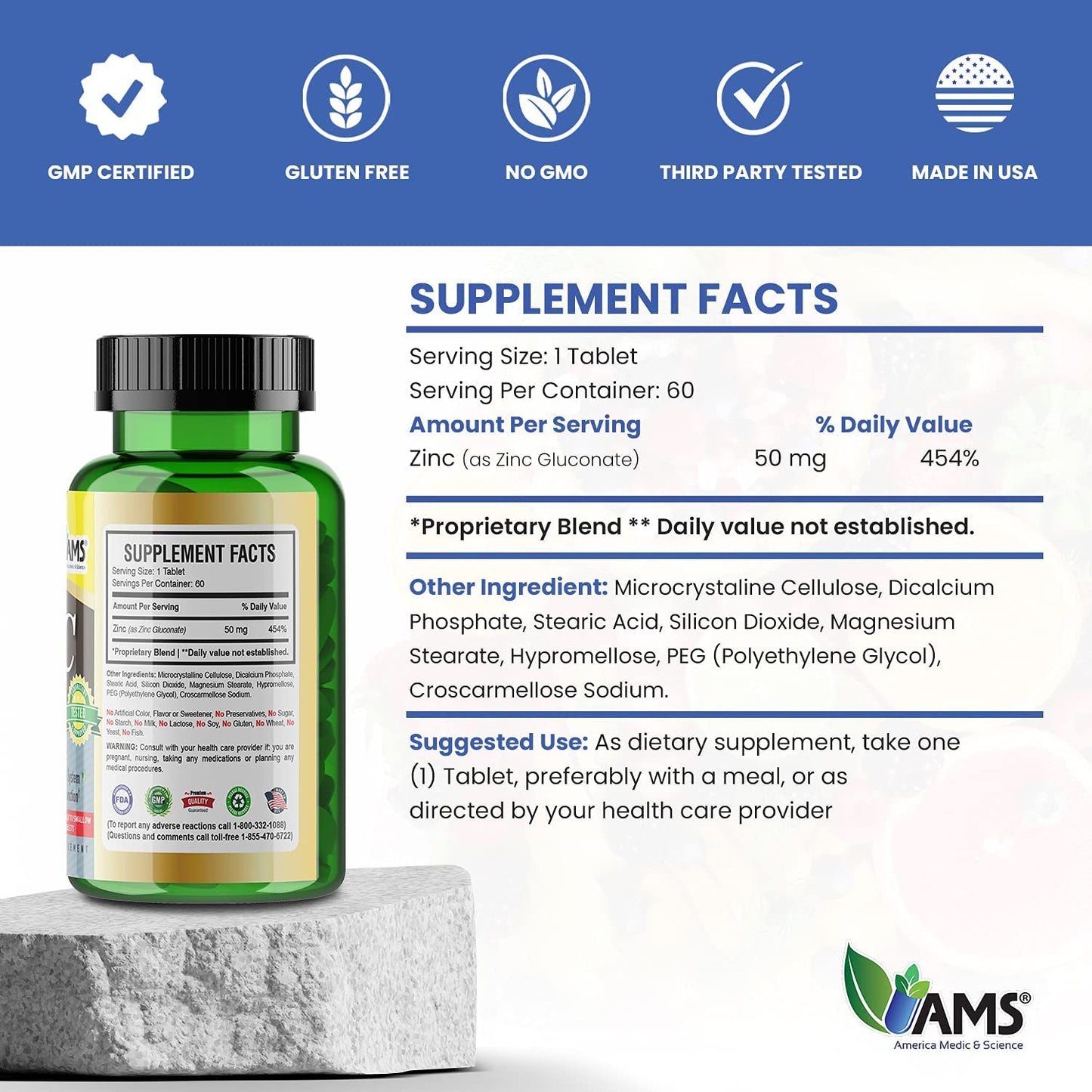America Medic & Science Chelated Zinc 50 mg Supplements Tablet 300 Tablets