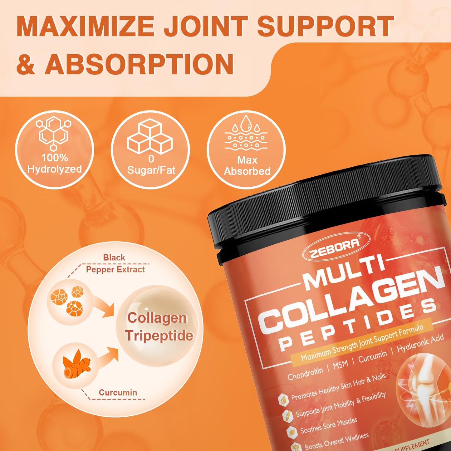 ZEBORA Multi-Collagen-Peptides Powder with MSM & CS for Joints, Type I II III V X Hydrolyzed Collagen Peptides with Hyaluronic Acid & Vitamin C for Hair, Skin, Nails, Non-GMO, 12.35 Ounce
