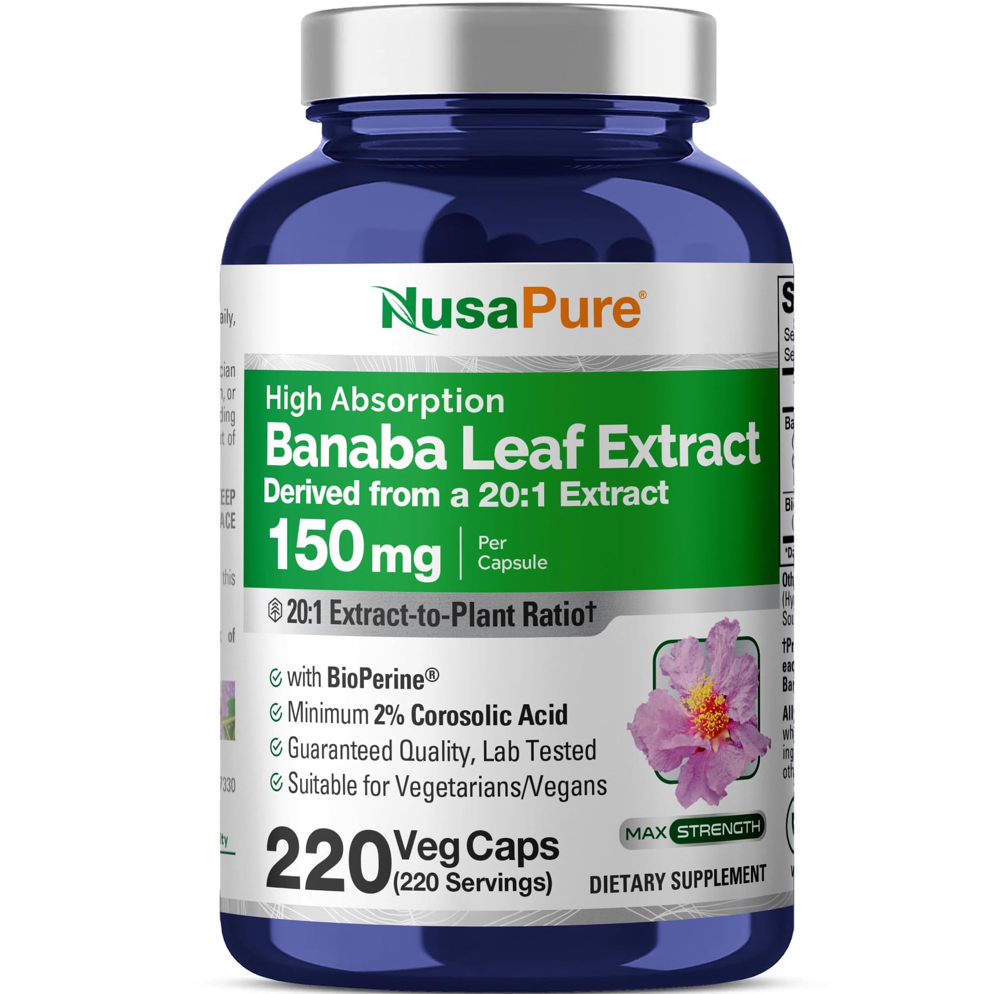 NusaPure Banaba Leaf 150 mg Capsules, 220 Count