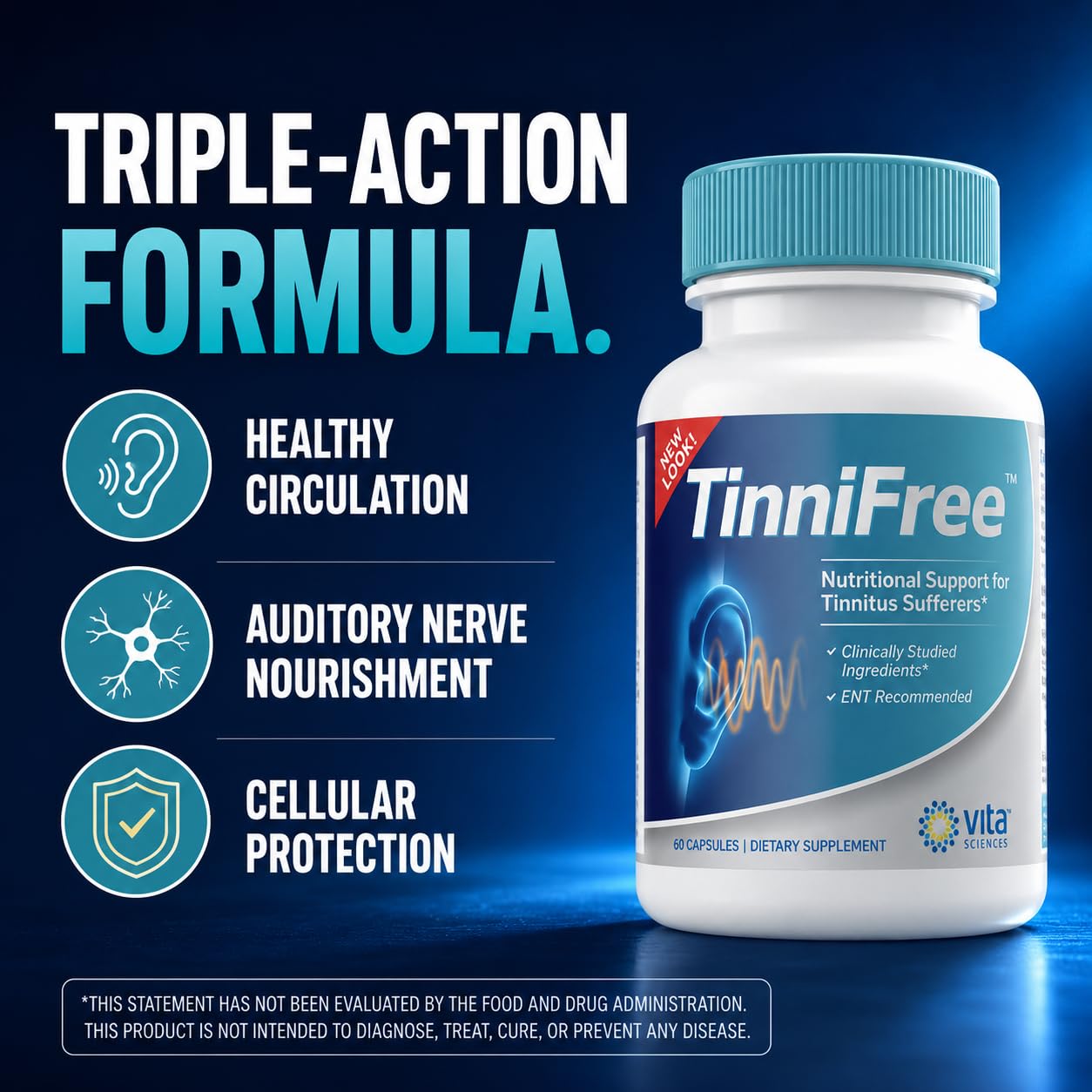 Vita Sciences TinniFree Ear & Hearing Support Supplement with B12 & Magnesium, 60 Capsules